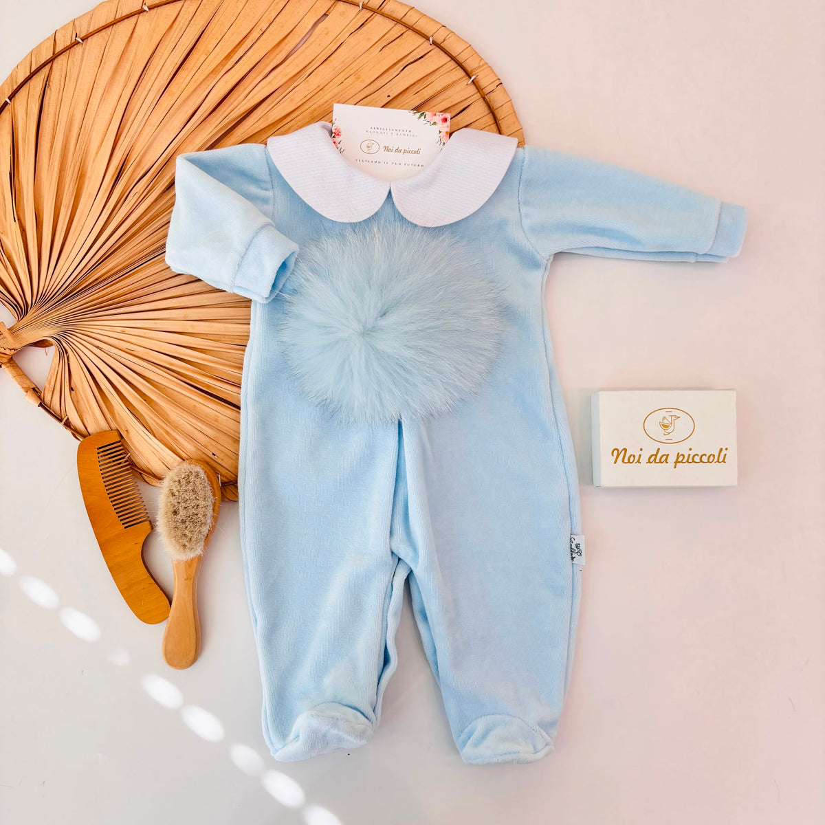 Sky Blue Chenille One-Piece with Pom-Pom PAPPA E LATTE