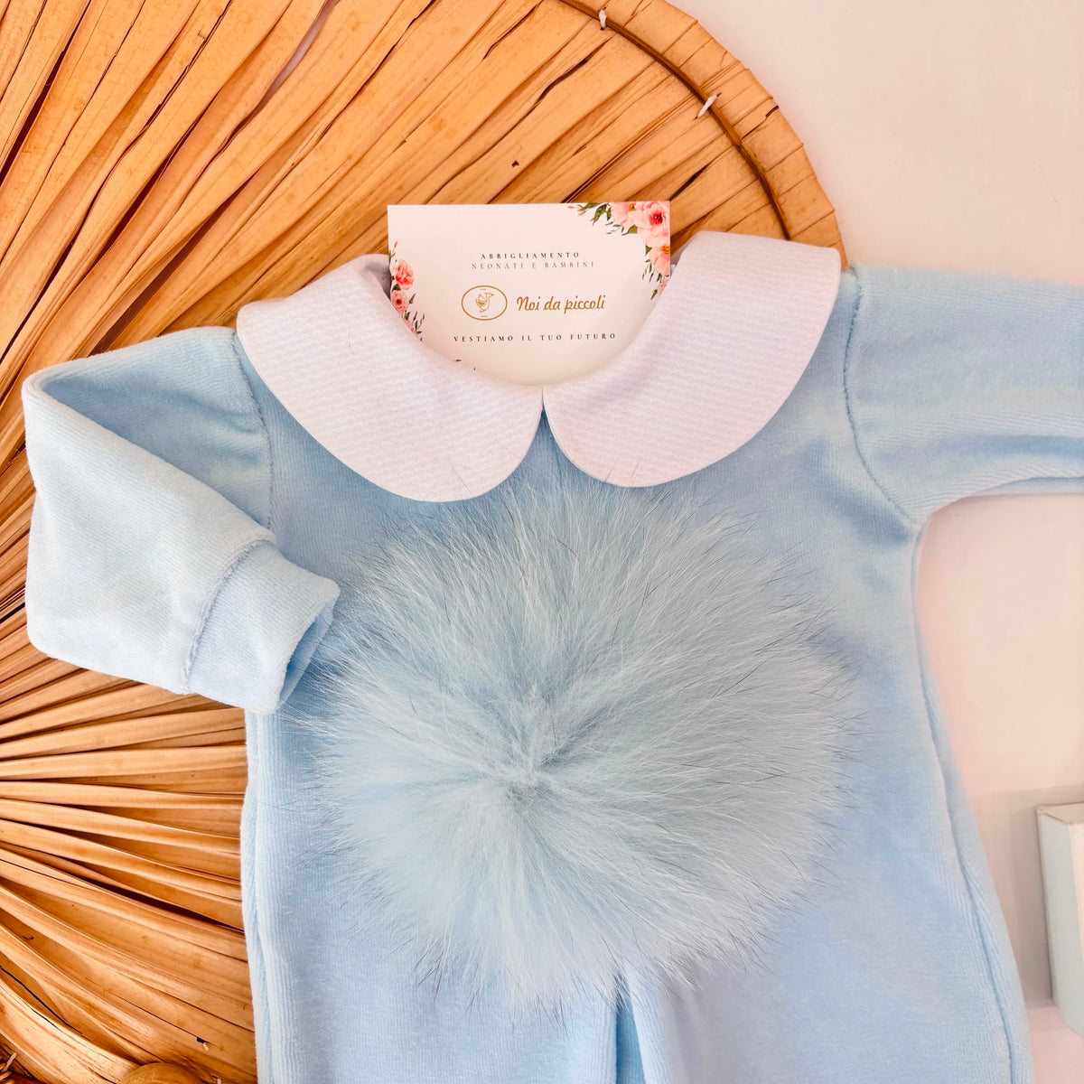 Sky Blue Chenille One-Piece with Pom-Pom PAPPA E LATTE - Noi da piccoli