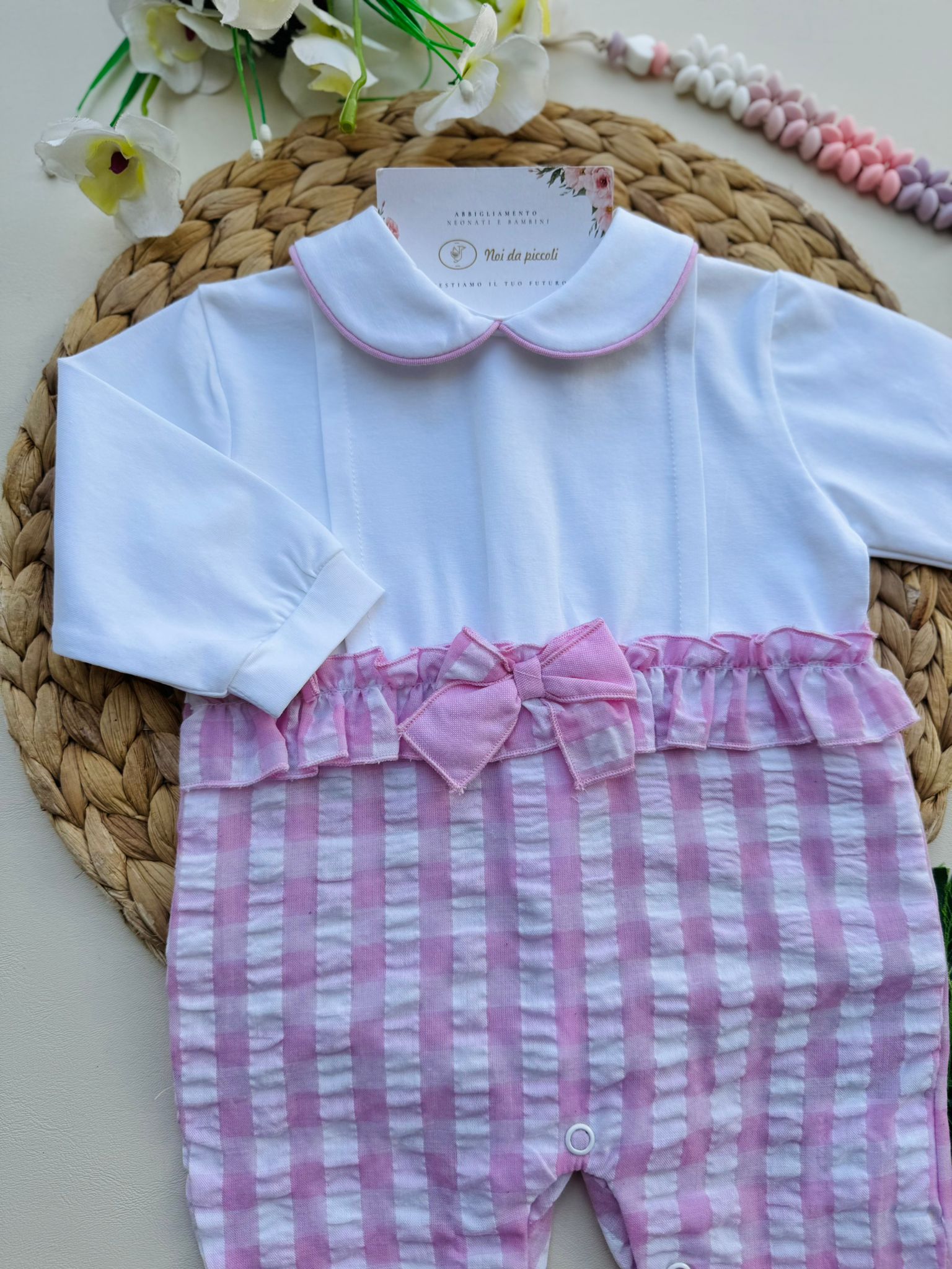 TUTINA IN COTONE A QUADRONI BIANCO ROSA - Noi da piccoli