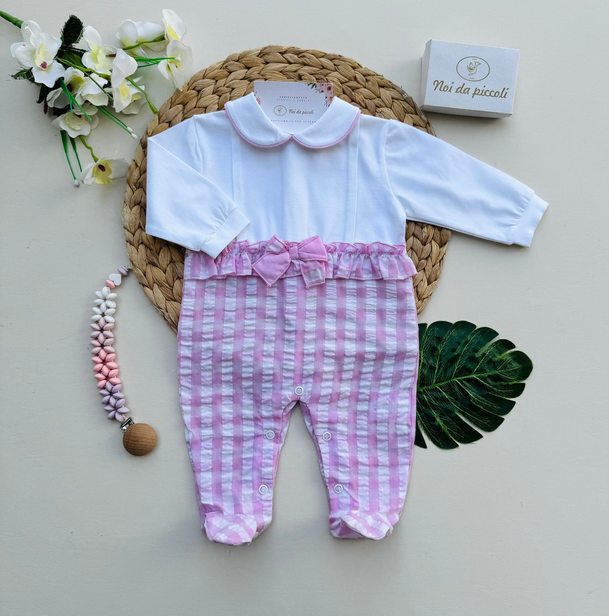 TUTINA IN COTONE A QUADRONI BIANCO ROSA - Noi da piccoli