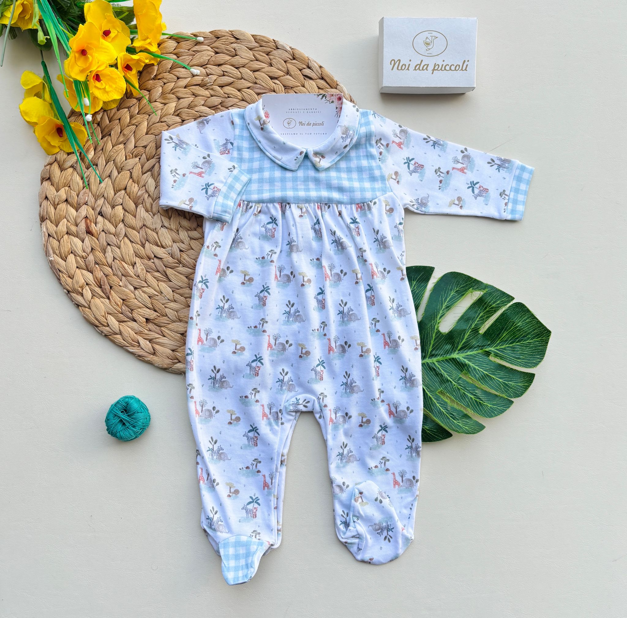 TUTINA IN COTONE A QUADRONI E ANIMALI SAVANA BIANCO VERDE - Noi da piccoli