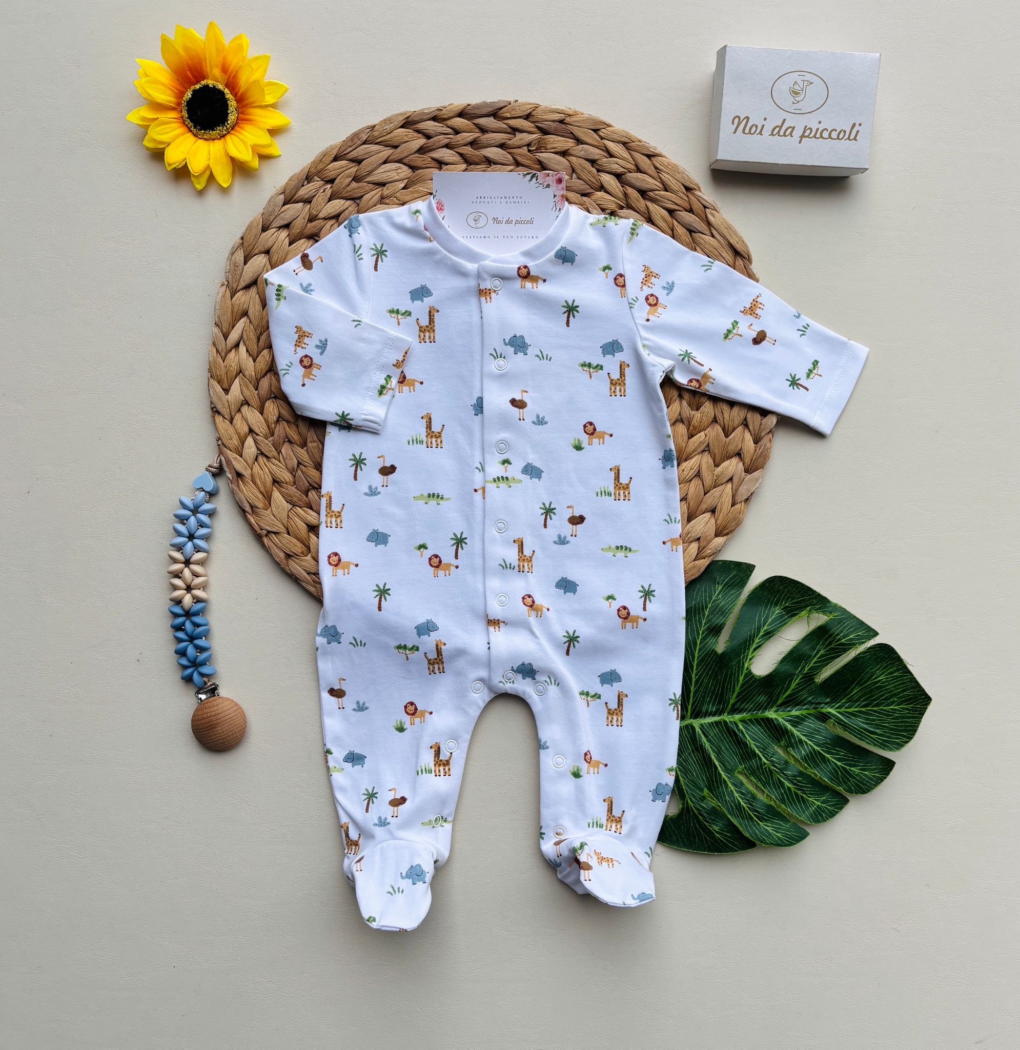 TUTINA IN COTONE ANTIPANICO CON ANIMALI SAFARI BIANCO - Noi da piccoli