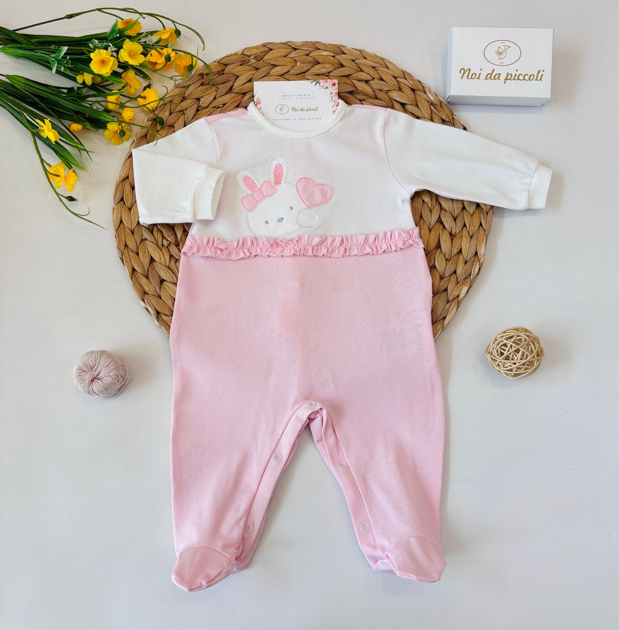 TUTINA IN COTONE BICOLOR CON CONIGLIETTO BIANCO ROSA - Noi da piccoli