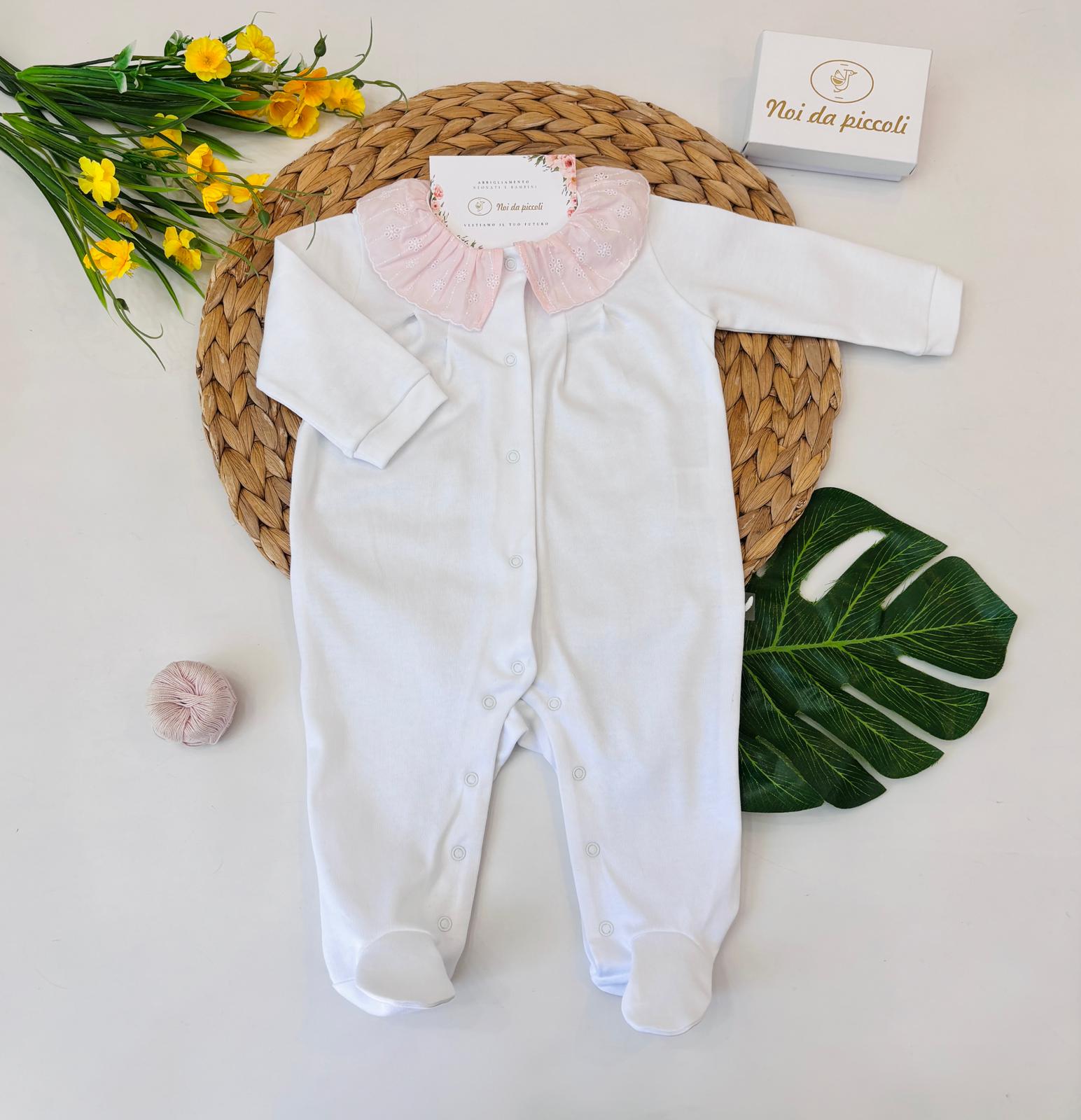 TUTINA IN COTONE CON COLLETTO A FIORELLINI BIANCO ROSA - Noi da piccoli
