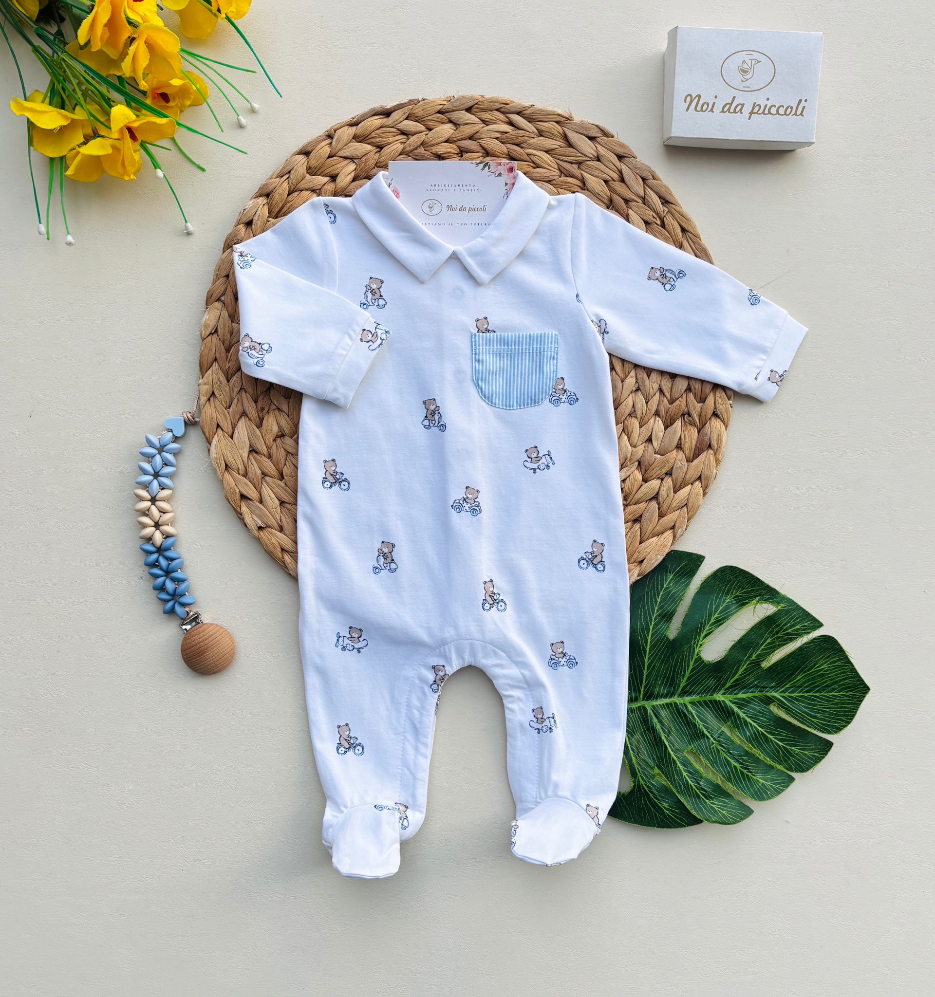 TUTINA IN COTONE CON COLLETTO BIANCO E ORSETTO BEIGE BIANCO - Noi da piccoli