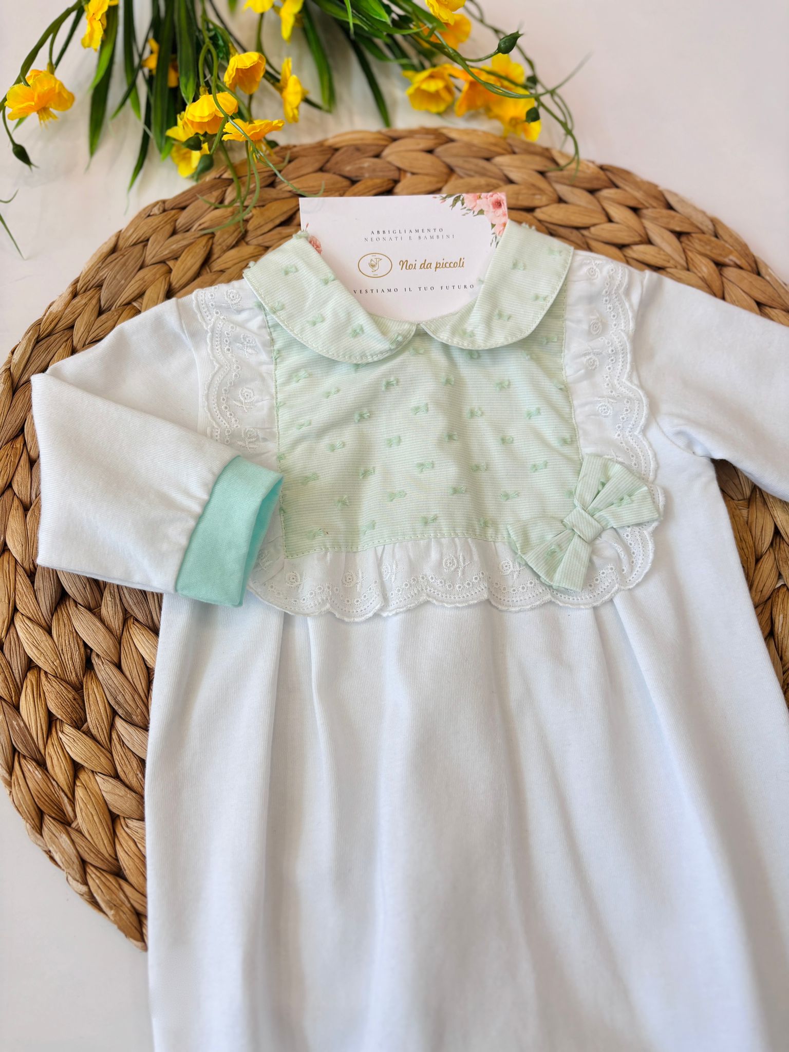 TUTINA IN COTONE CON FIOCCHETTO BIANCO VERDE - Noi da piccoli