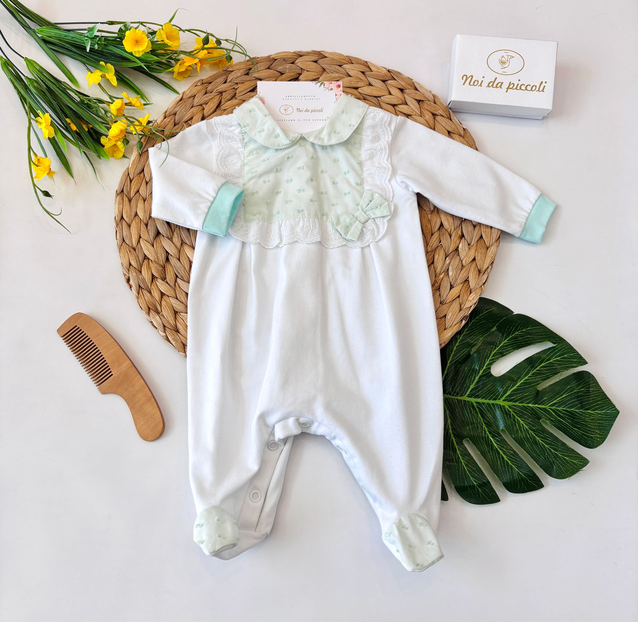 TUTINA IN COTONE CON FIOCCHETTO BIANCO VERDE - Noi da piccoli