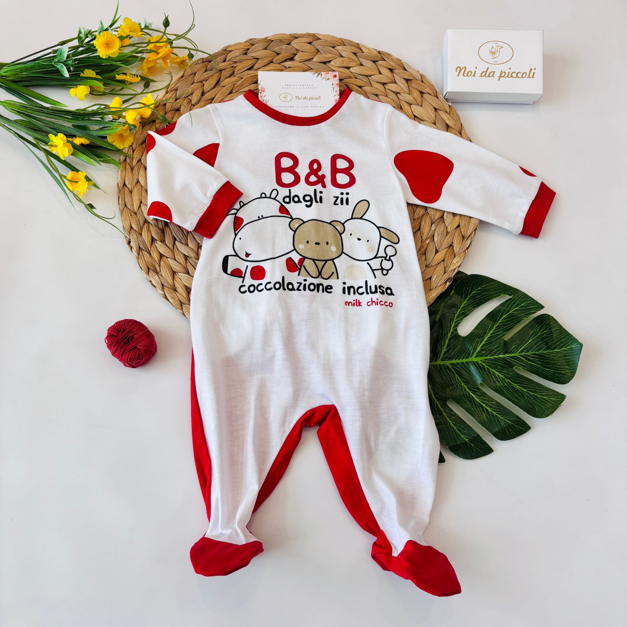 TUTINA IN COTONE CON MUCCA E ORSETTI BIANCO E ROSSO - Noi da piccoli