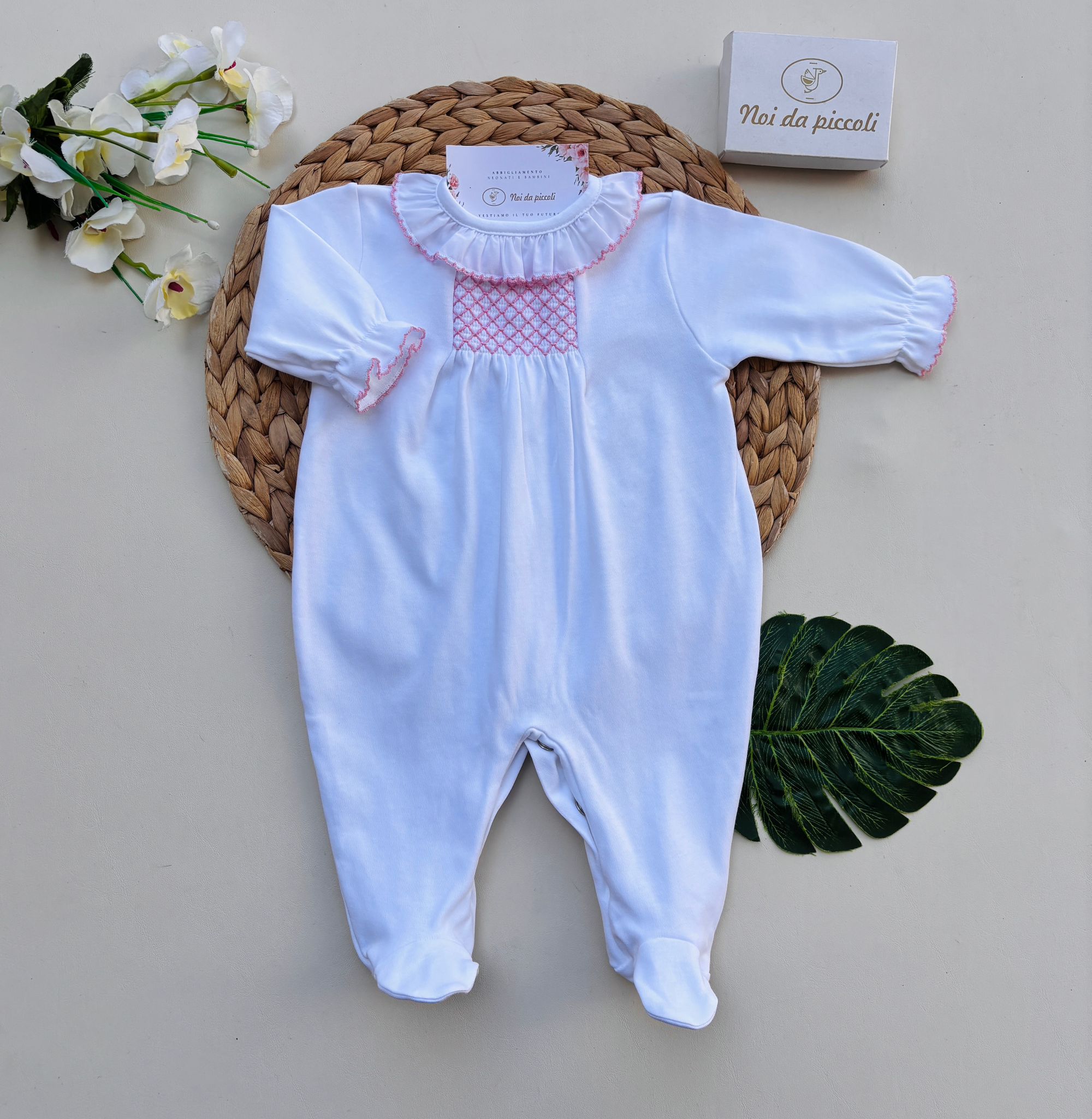 TUTINA IN COTONE CON RICAMI BIANCO ROSA - Noi da piccoli