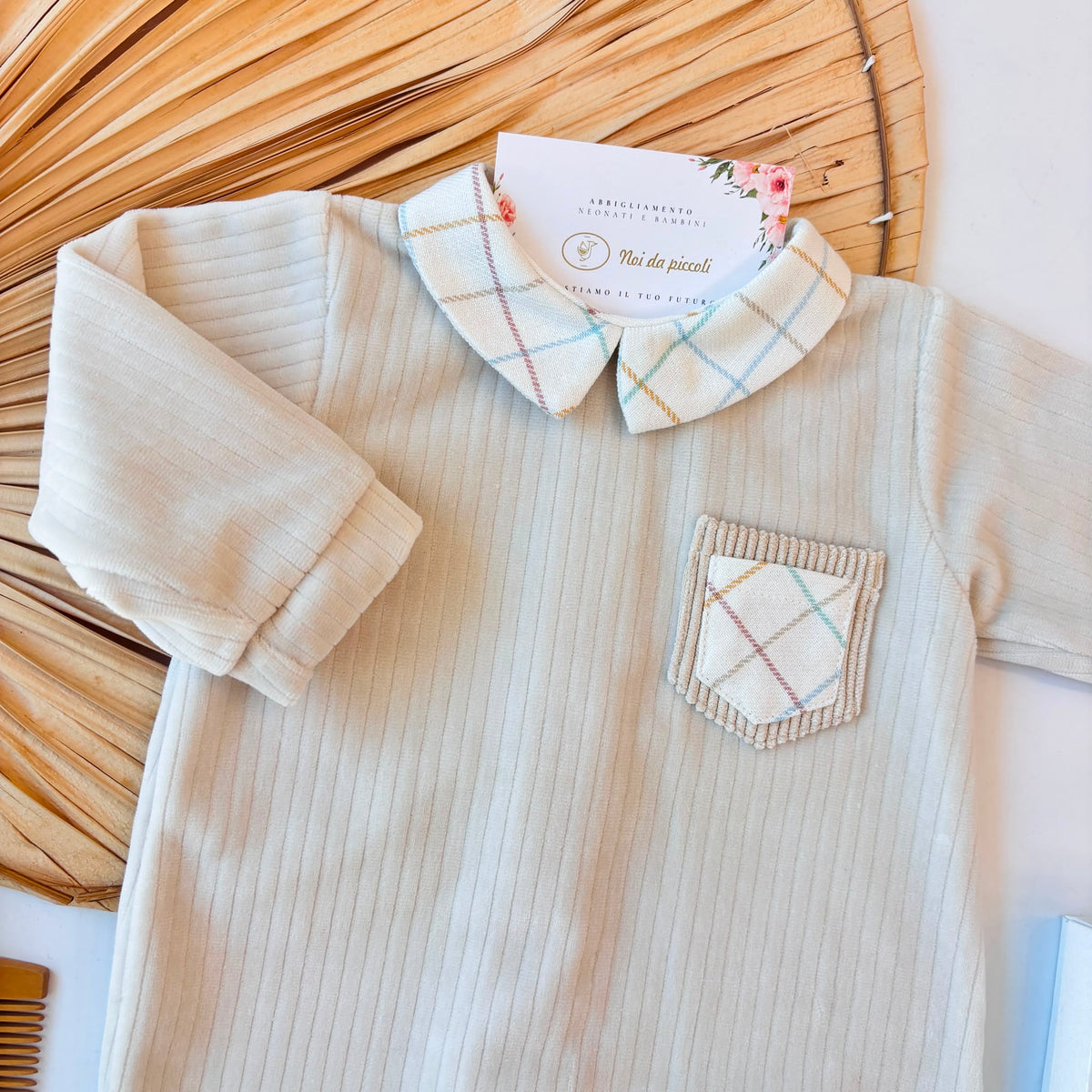 Beige Velvet One-Piece with Tartan Print - Noi da piccoli
