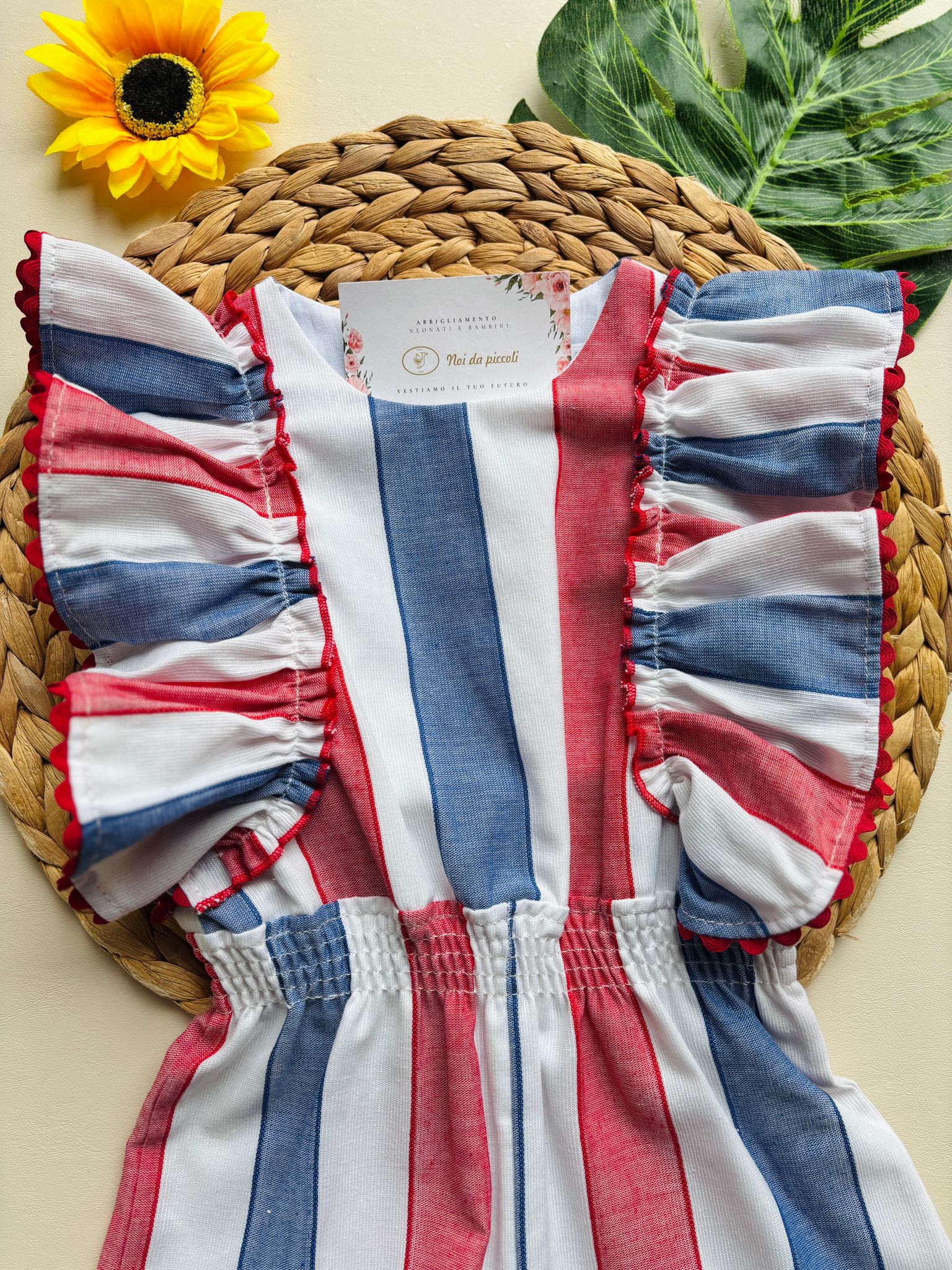 TUTINA INTERA IN COTNE CON MANICHE A RICCIO E RIGHE COLORATE rojo - Noi da piccoli