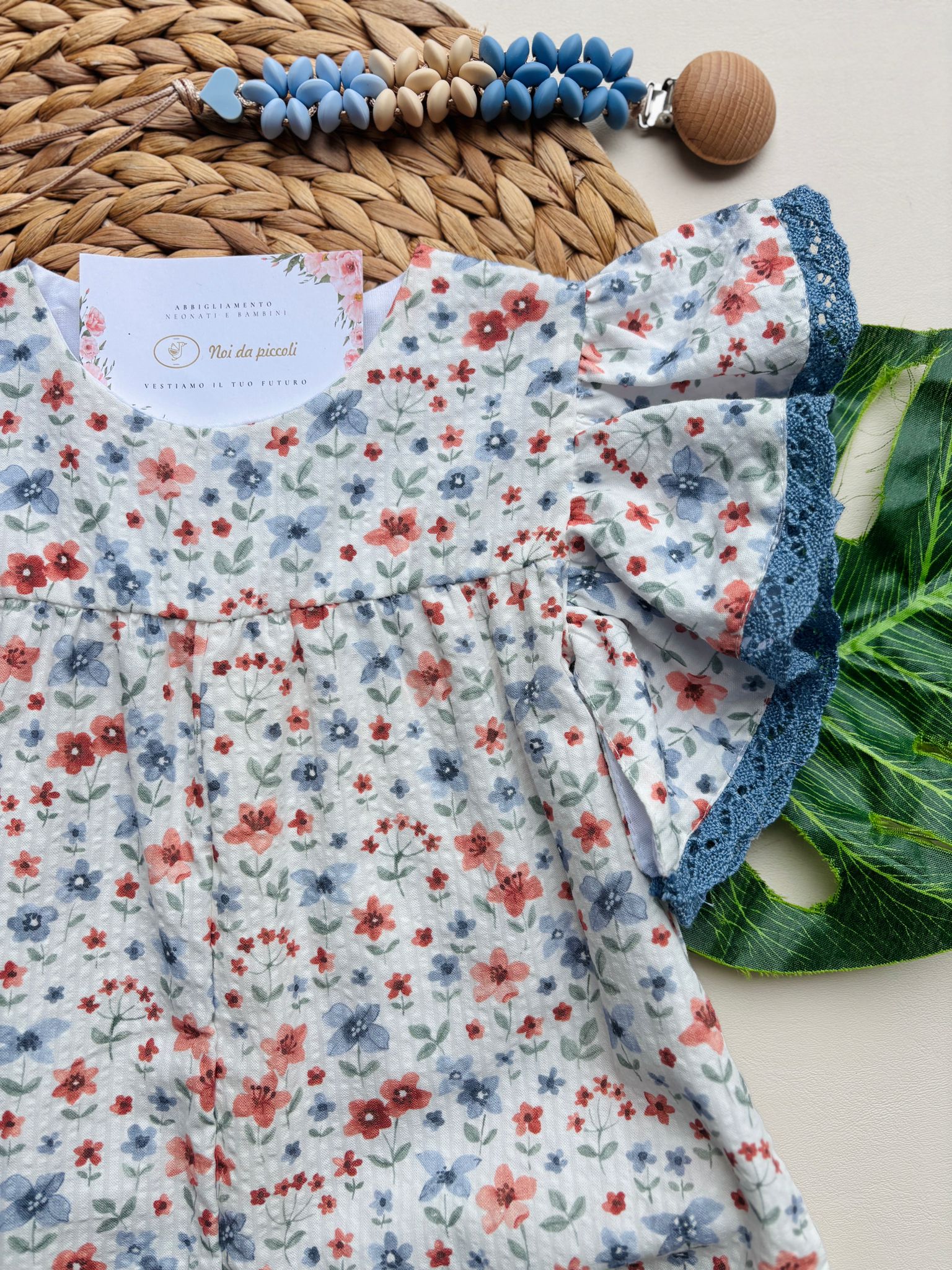 TUTINA INTERA LUNGA IN COTONE FLOREALE CON RICAMI SULLE MANICHE AZUL NIZA - Noi da piccoli