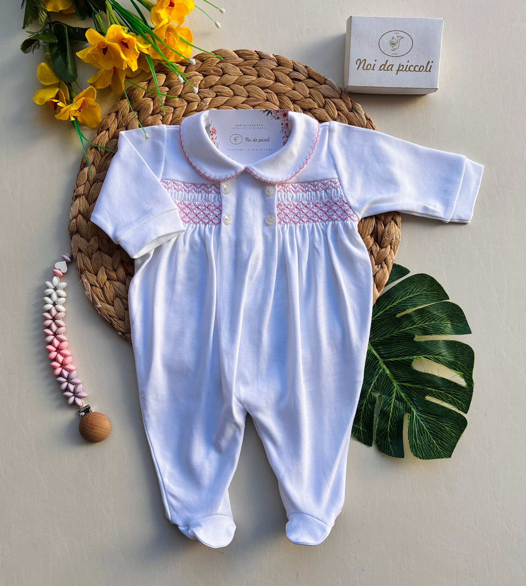 TUTINA PUNTO SMOK E 4 BOTTONI COTONE CALDO BIANCO ROSA - Noi da piccoli