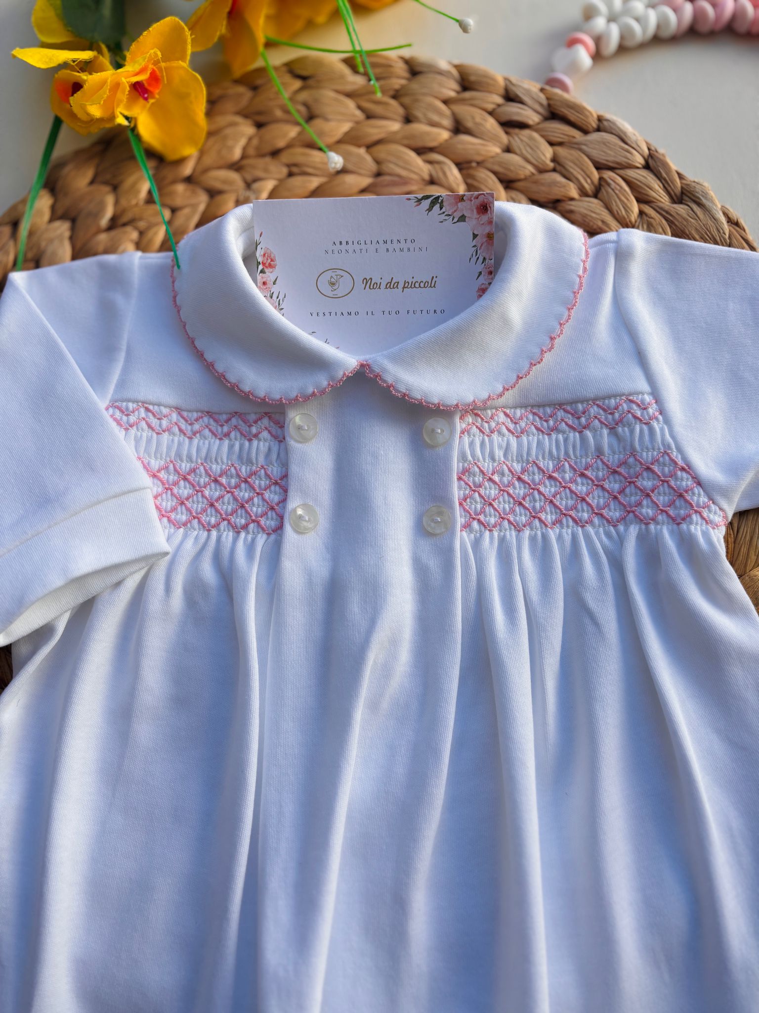 TUTINA PUNTO SMOK E 4 BOTTONI COTONE CALDO BIANCO ROSA - Noi da piccoli