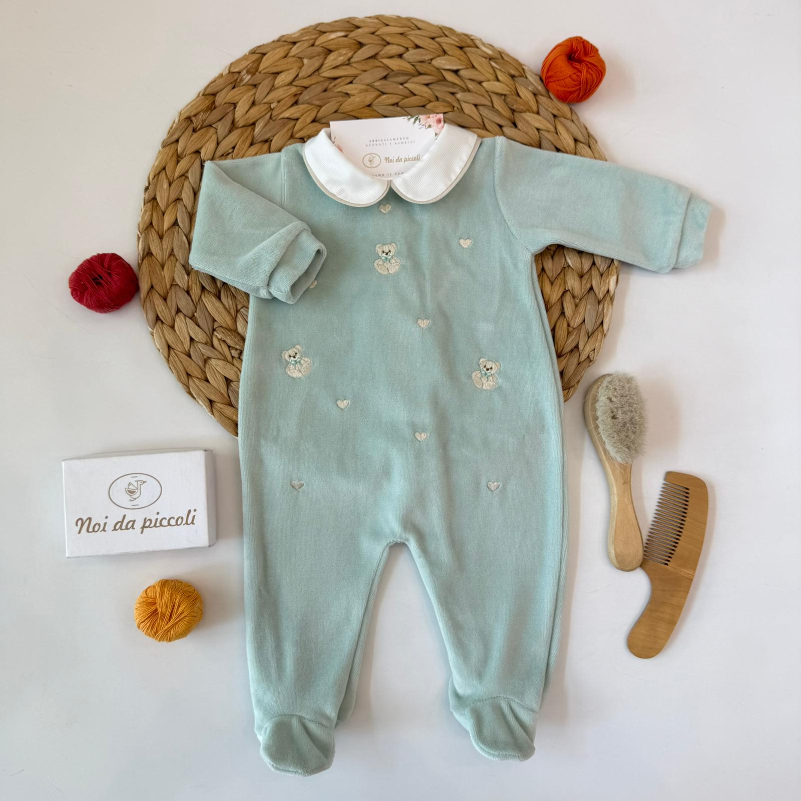 TUTINA IN CINIGLIA VERDE ACQUA DECORATA CON PICCOLI ORSETTI E CUORICINI