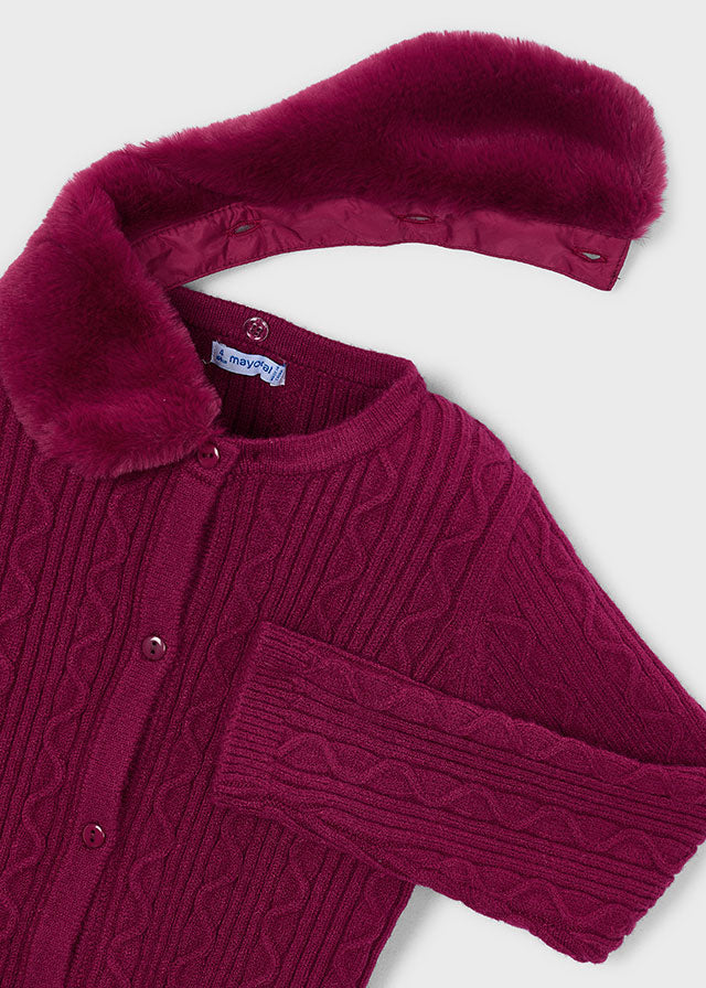 CARDIGAN IN FILATO CALDO LAMPONE CON BORDO A VOLANT