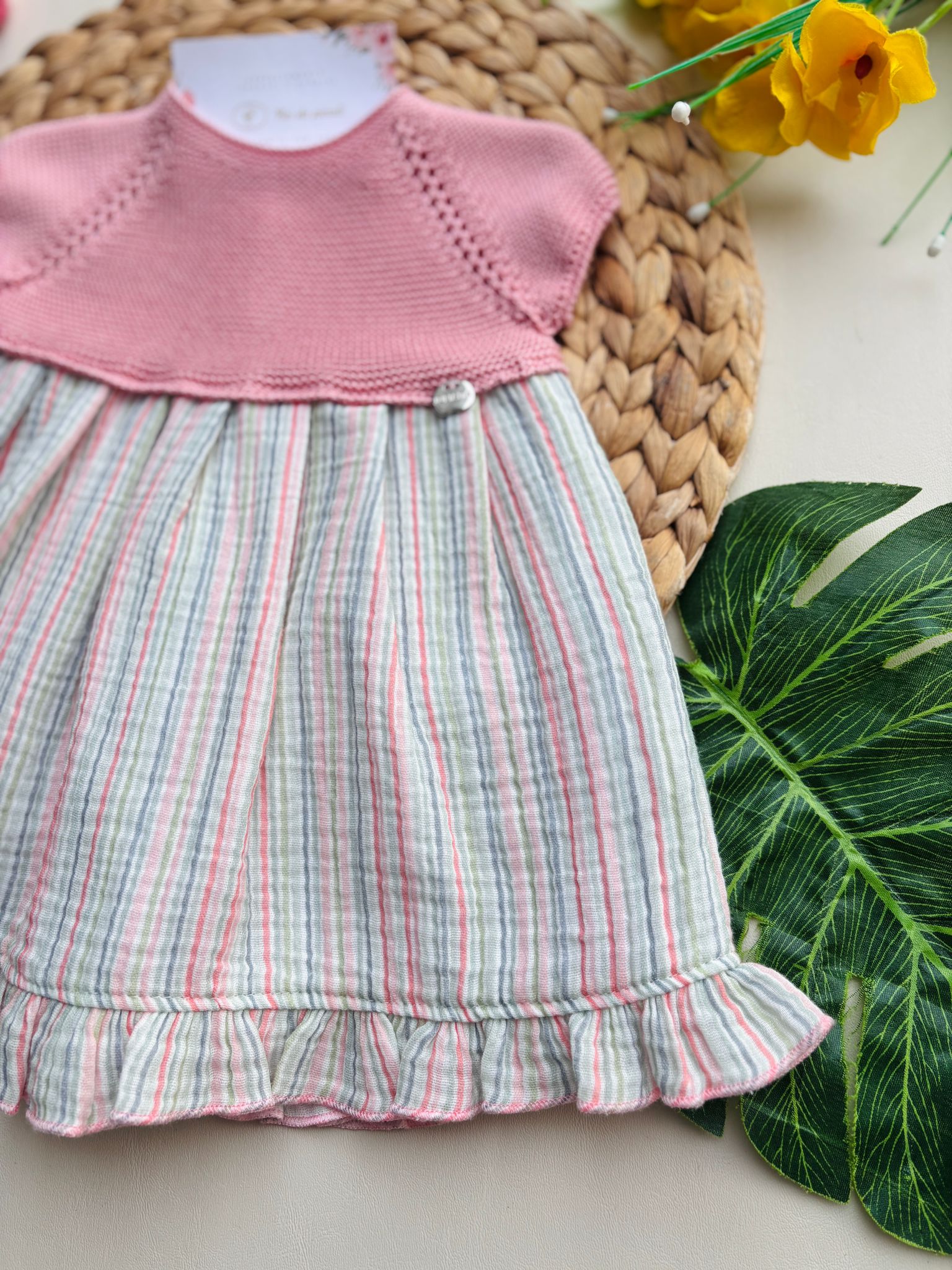 VESTINA A GIRO MANICA IN COTONE CON STRISCE COLORATE ROSA EMPOLVADO - Noi da piccoli