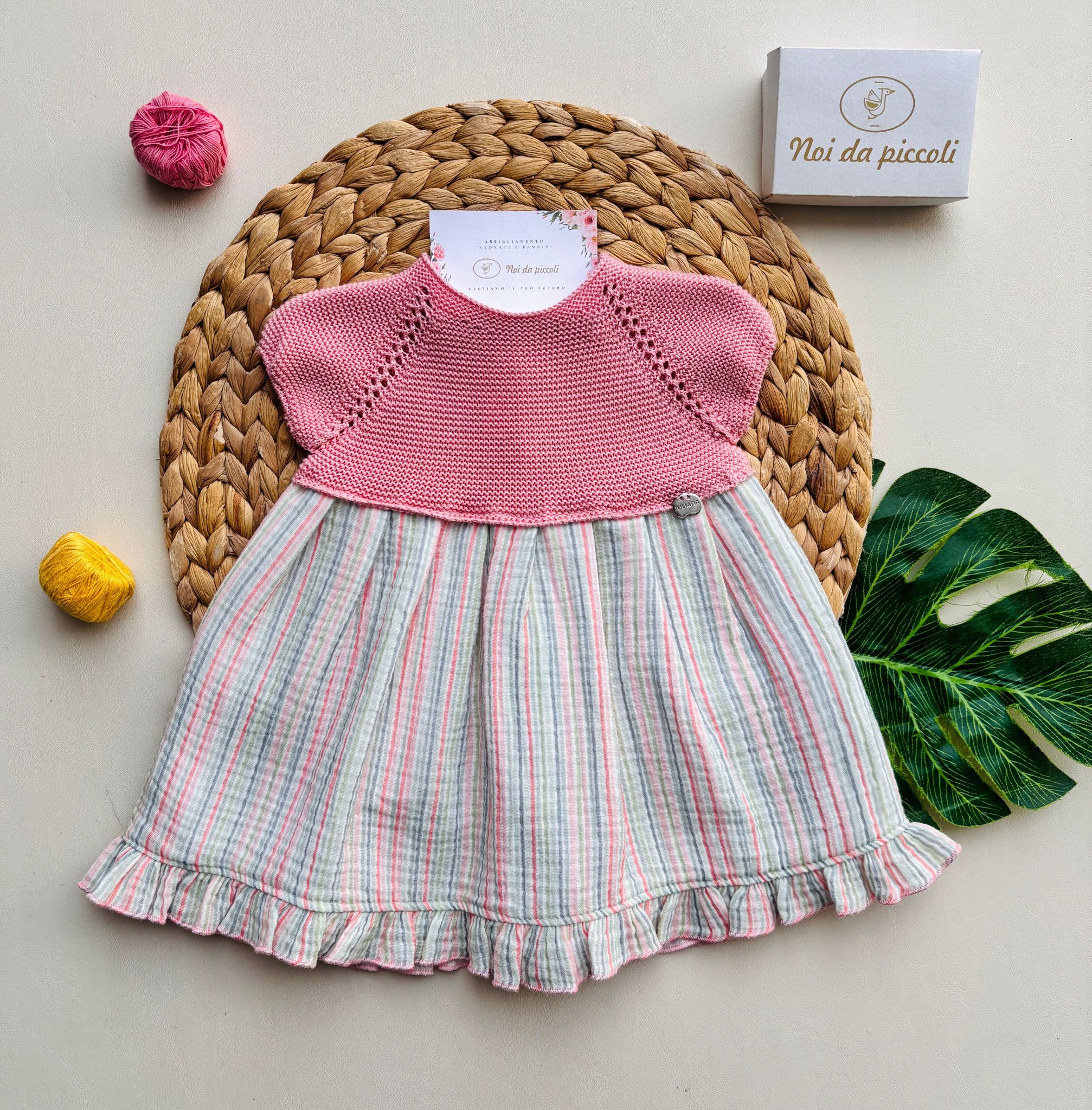 VESTINA A GIRO MANICA IN COTONE CON STRISCE COLORATE ROSA EMPOLVADO - Noi da piccoli