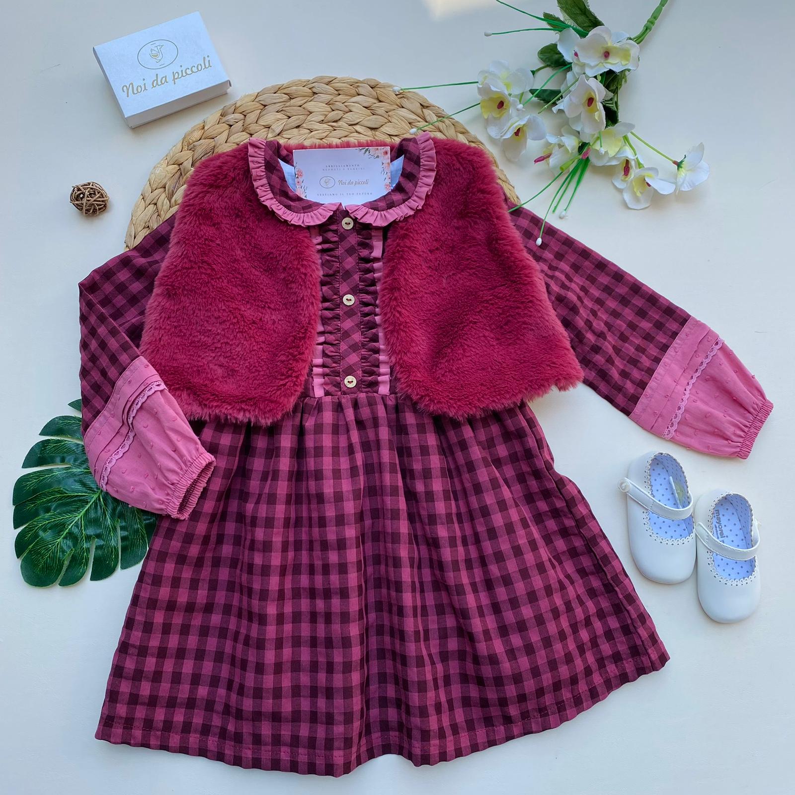 VESTINA A QUADRONI CON GILET FILATO CALDO MALVA QUADRONI - Noi da piccoli