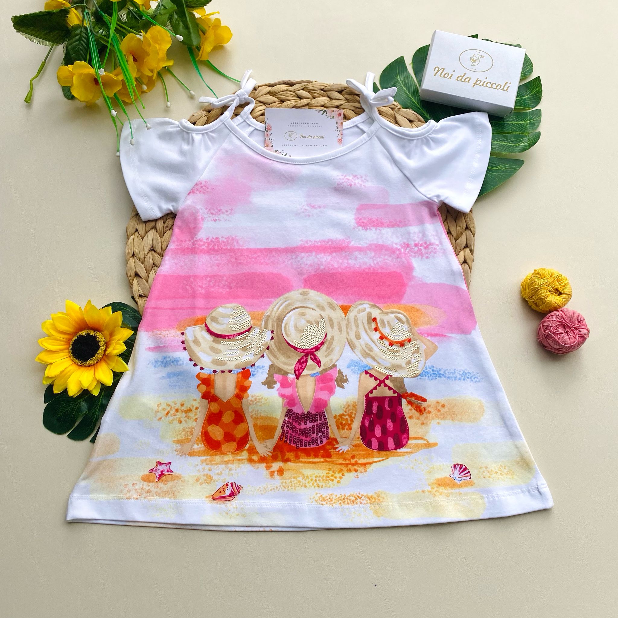 VESTINA BIANCA CON SFUMATURE COLORATE E DISEGNINI - Noi da piccoli