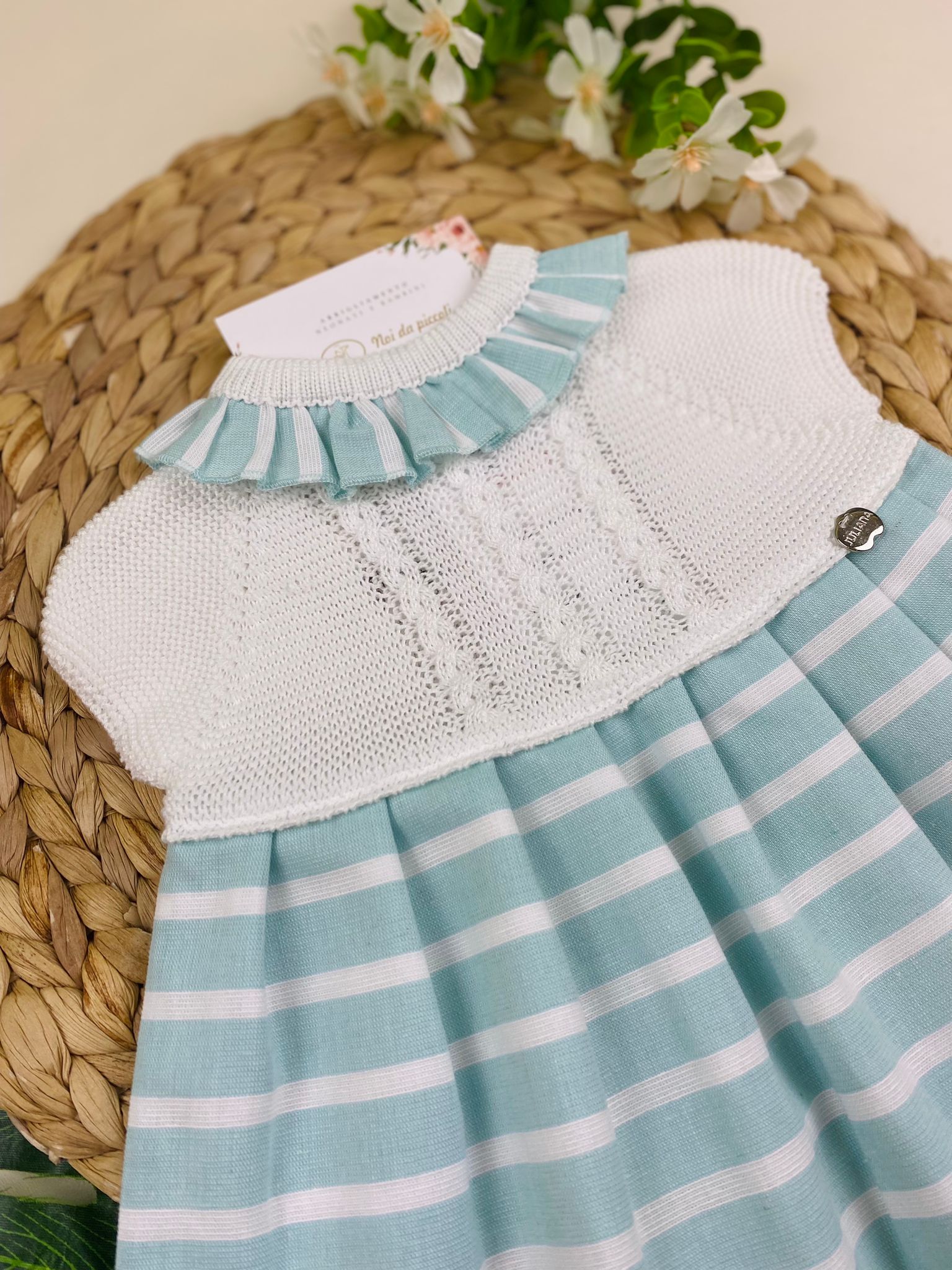 VESTINA BIANCA E RIGHE VERDE ACQUA COTONE - Noi da piccoli