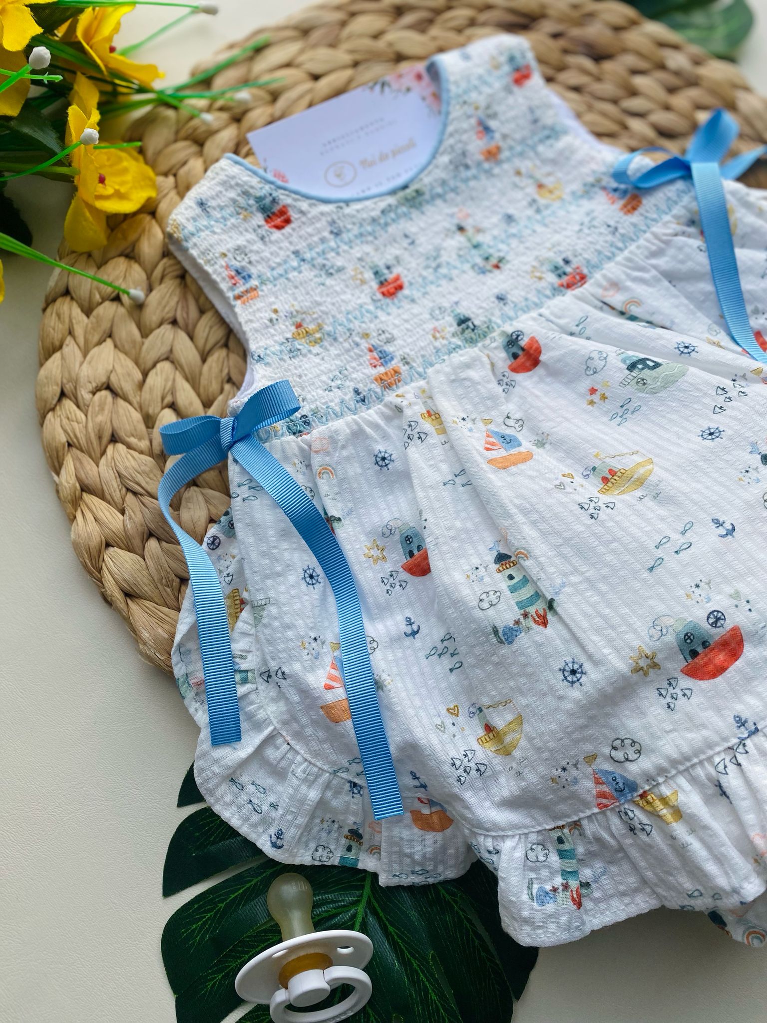 vestina bianco a fantasia e fiocchetti cielo e culottina - Noi da piccoli