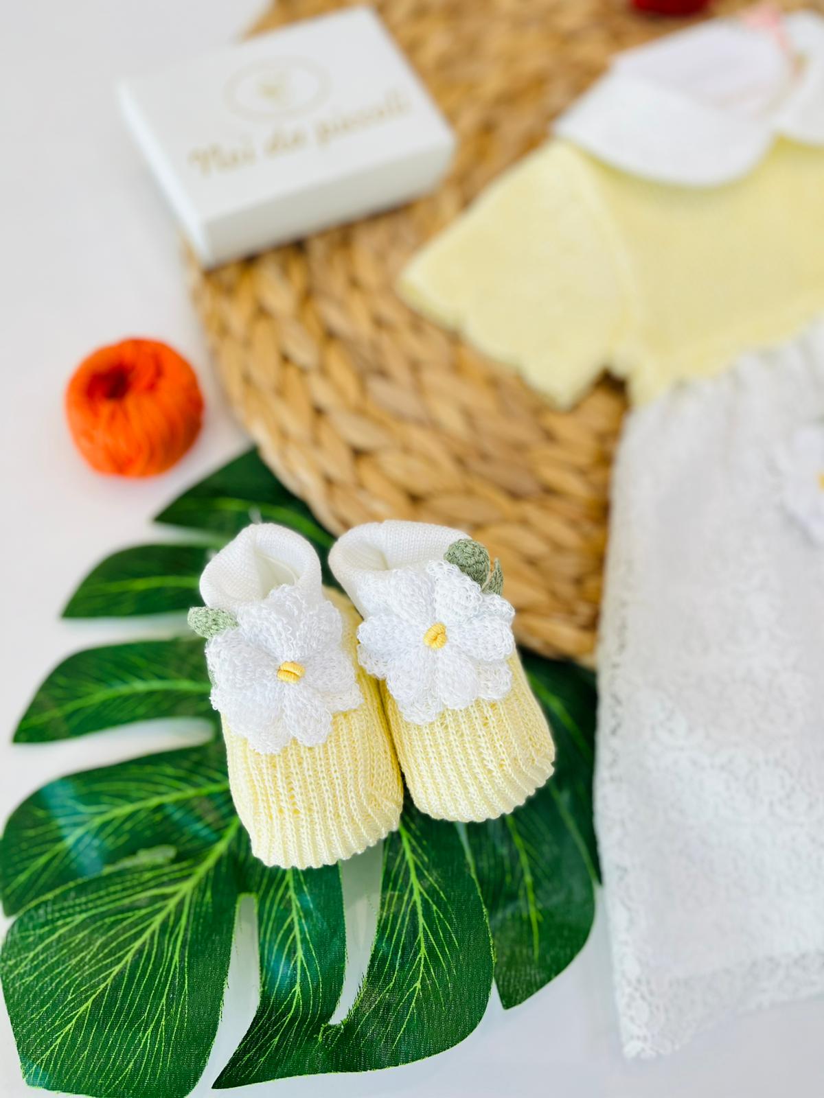 VESTINA CON BABBUCCE 100% FILO DI COTONE BIANCO GIALLO - Noi da piccoli