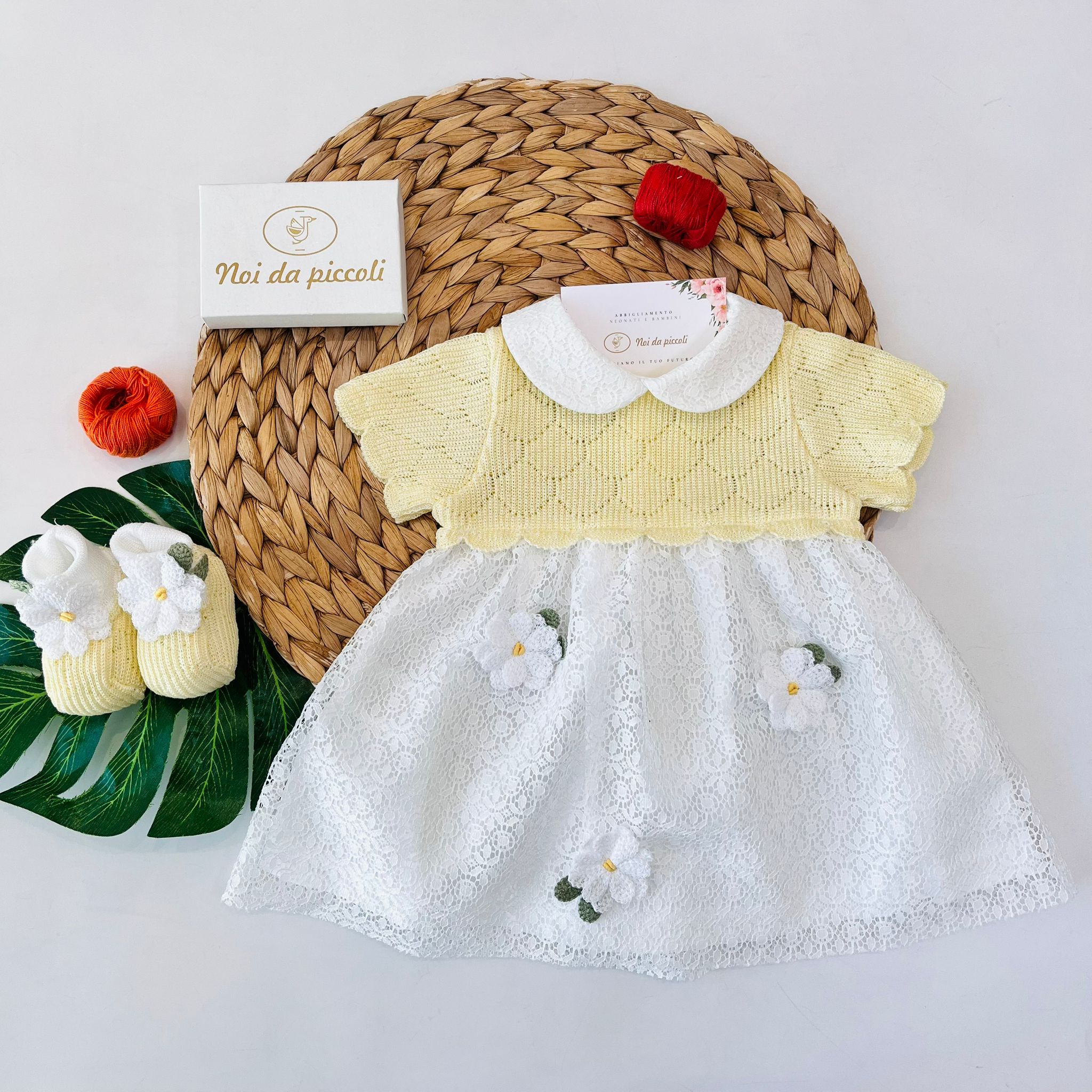 VESTINA CON BABBUCCE 100% FILO DI COTONE BIANCO GIALLO - Noi da piccoli