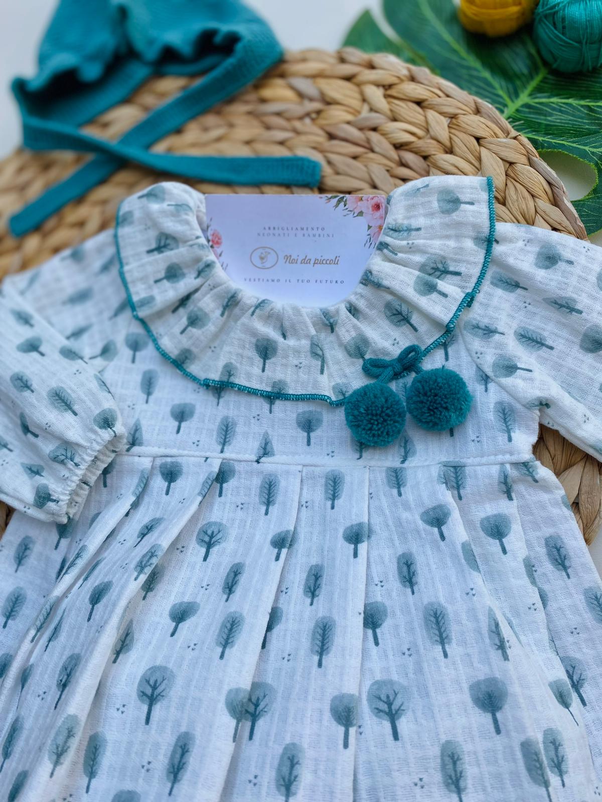 VESTINA CON CULOTTINA E CUFFIETTA ALBERELLI 100€ CALDO COTONE VERDE PETROLIO - Noi da piccoli