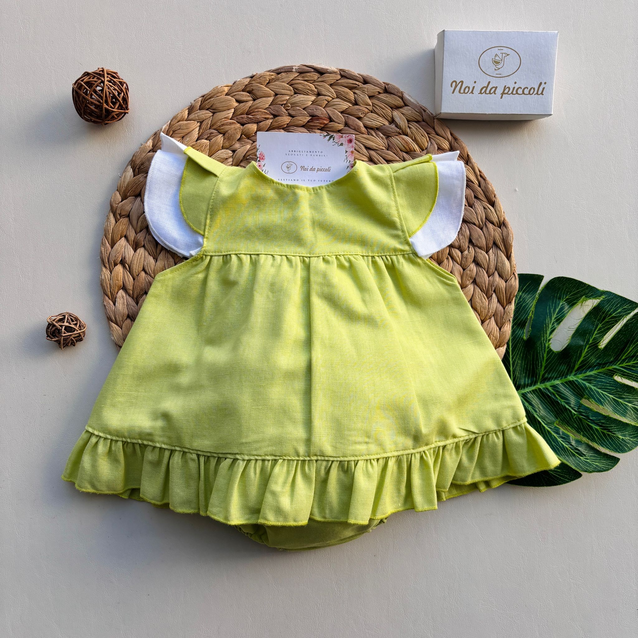 VESTINA CON CULOTTINA IN COTONE E LINO BIANCO E LIMA - Noi da piccoli