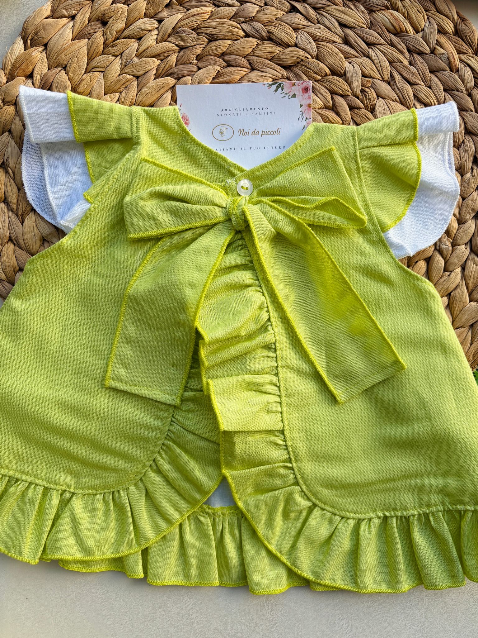 VESTINA CON CULOTTINA IN COTONE E LINO BIANCO E LIMA - Noi da piccoli