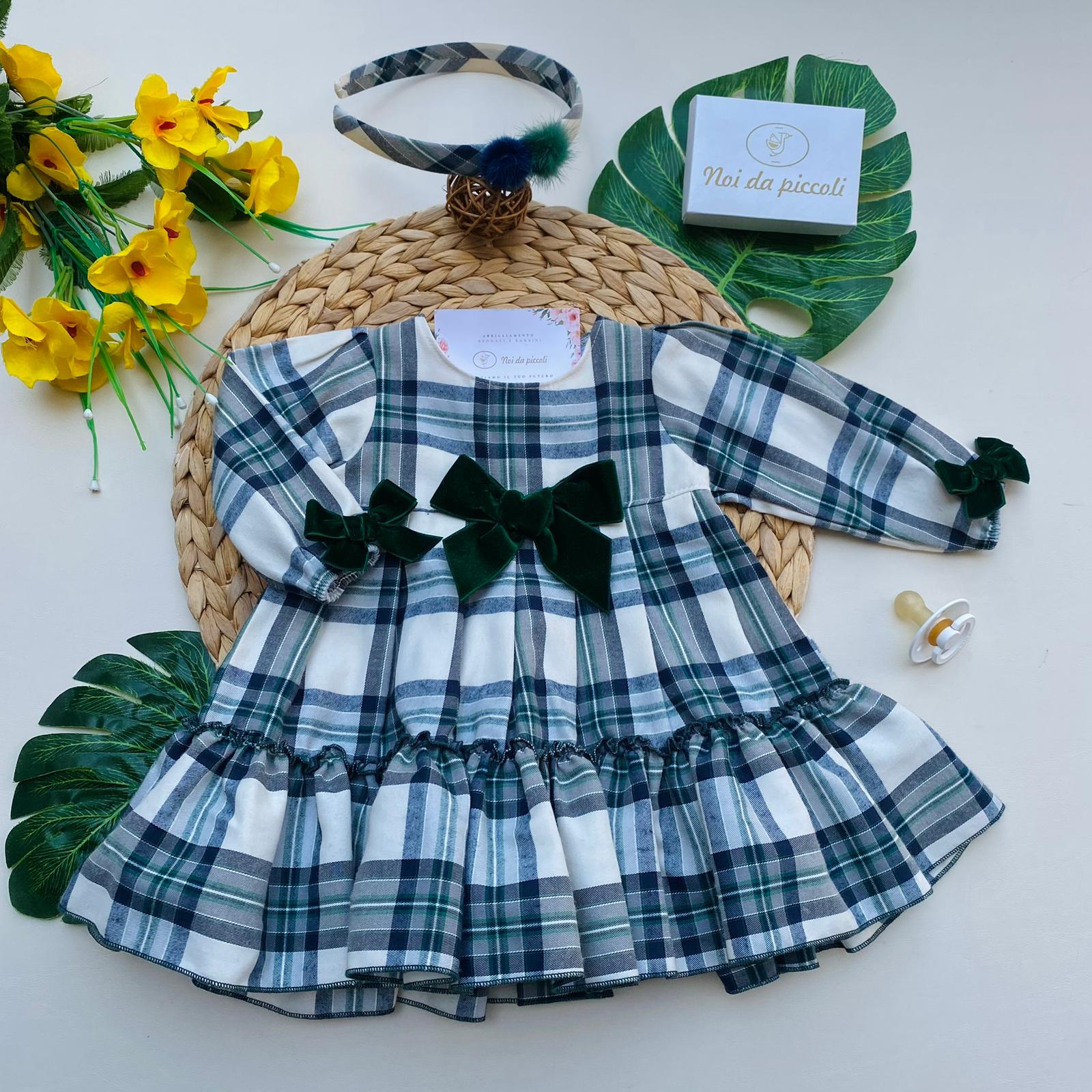 VESTINA CON FIOCCHETTI 100% CALDO COTONE VERDE QUADRONI - Noi da piccoli