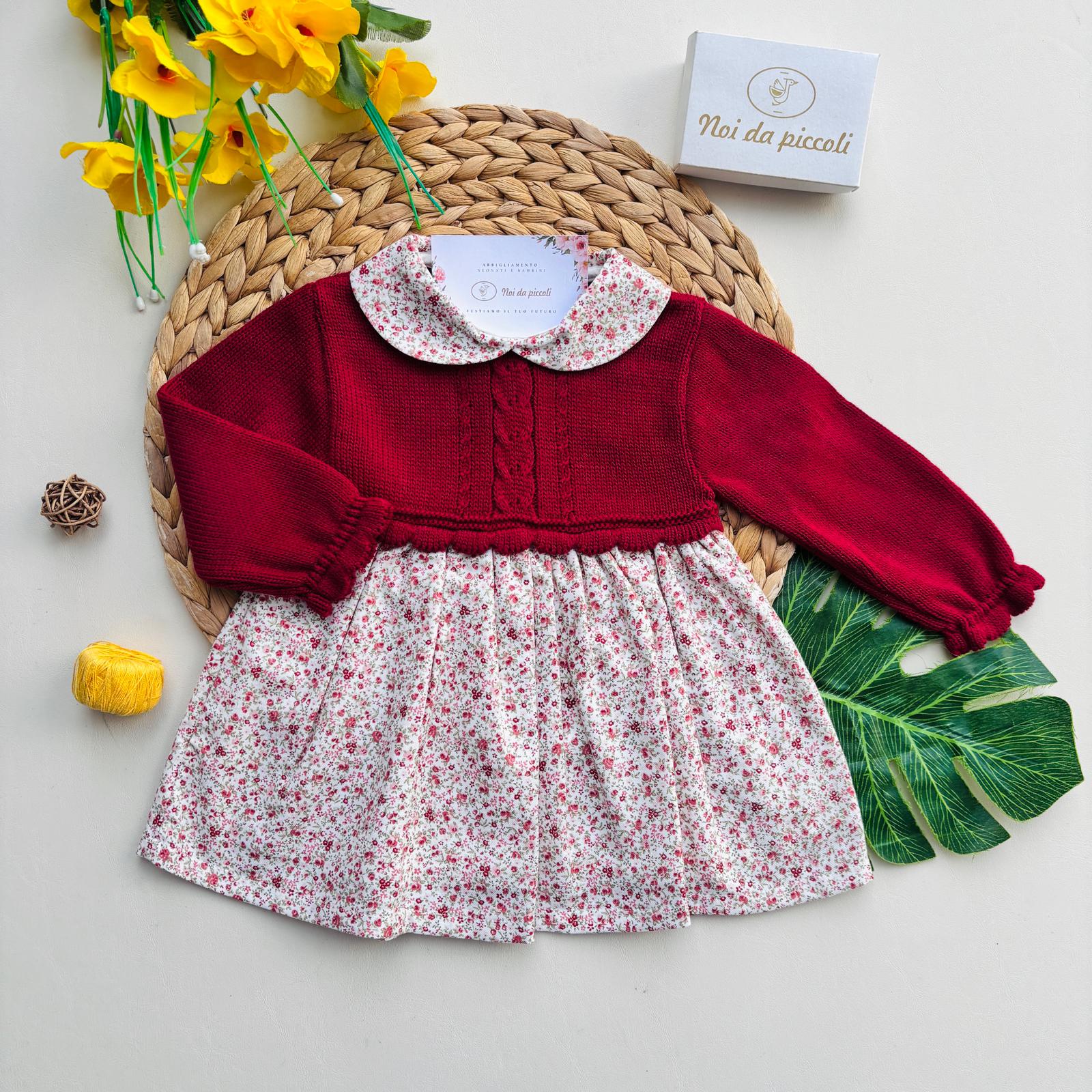 VESTINA CON FIORELLINI FILATO CALDO BORDEAUX - Noi da piccoli
