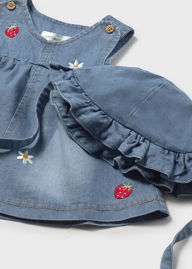 VESTINA CON FRAGOLINE E MARGHERITE E CAPPELLINO COTONE JEANS - Noi da piccoli