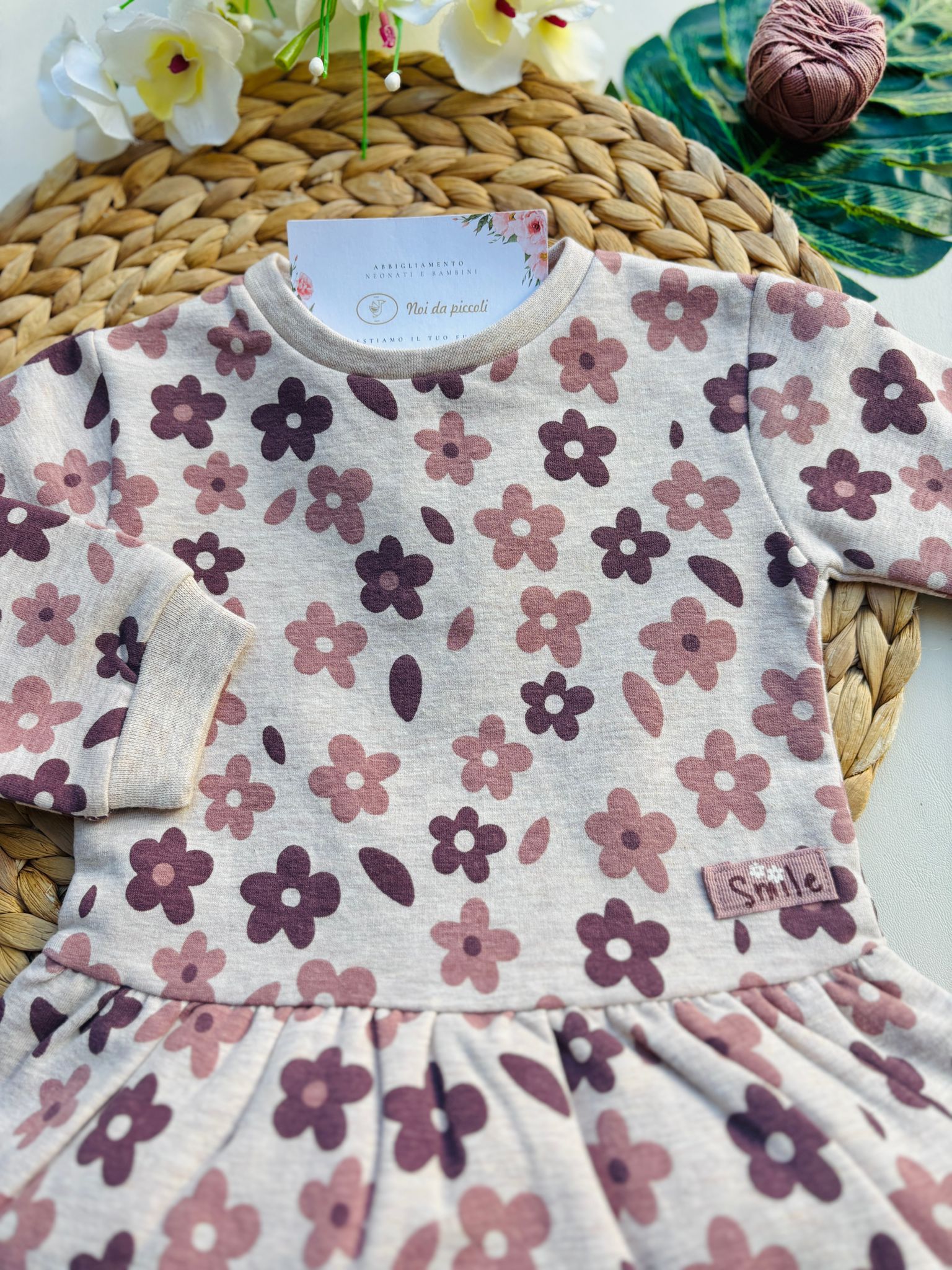 VESTINA IN CALDO COTONE CON FIORELLINI BEIGE E ROSA - Noi da piccoli