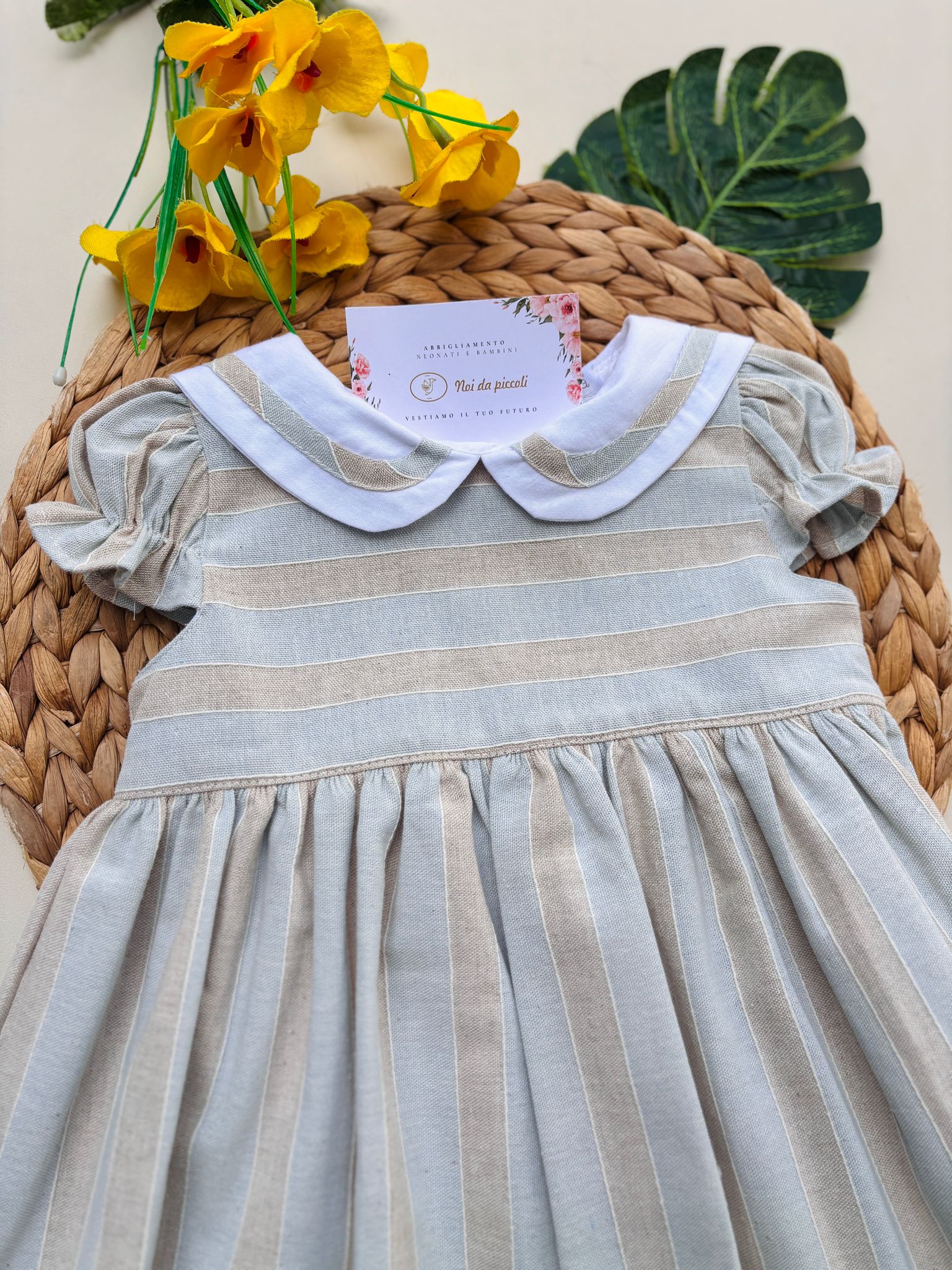 VESTINA IN COTONE A RIGHE BEIGE E CIELO - Noi da piccoli