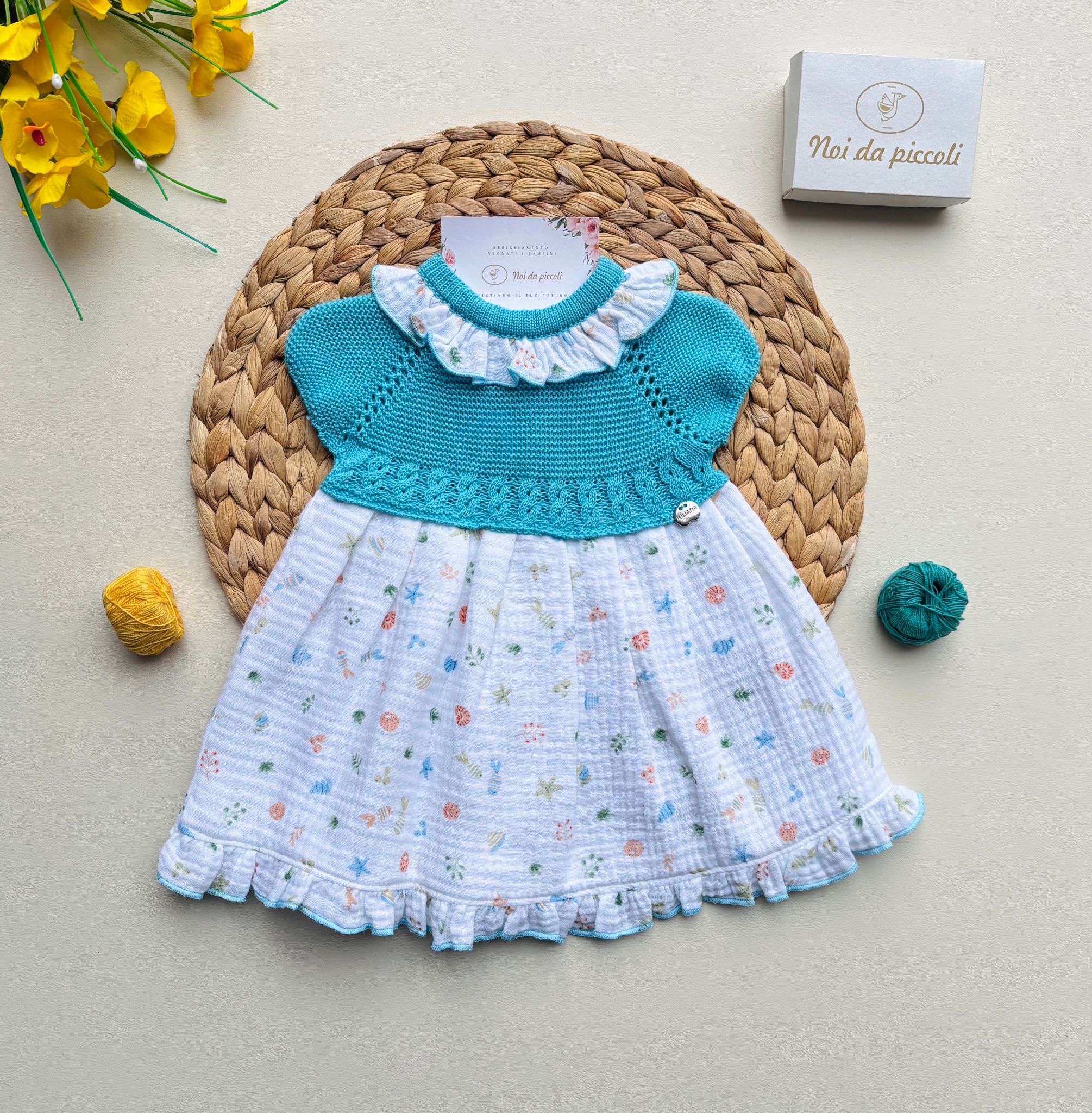 VESTINA IN COTONE BICOLOR CON DISEGNINI COLORATI TURCHESE - Noi da piccoli