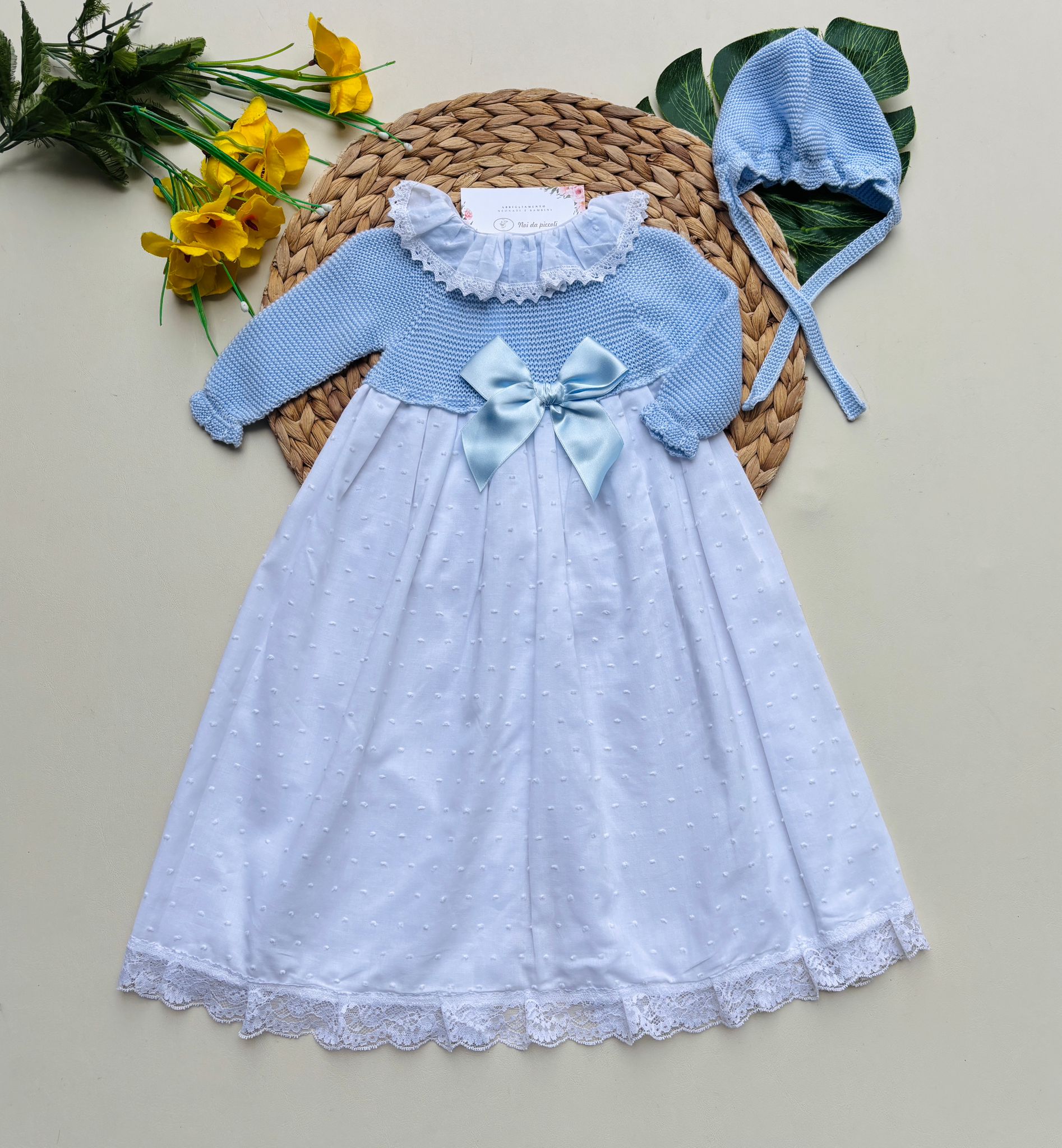 VESTINA IN COTONE BICOLOR CON FIOCCHETTO BIANCO CIELO - Noi da piccoli
