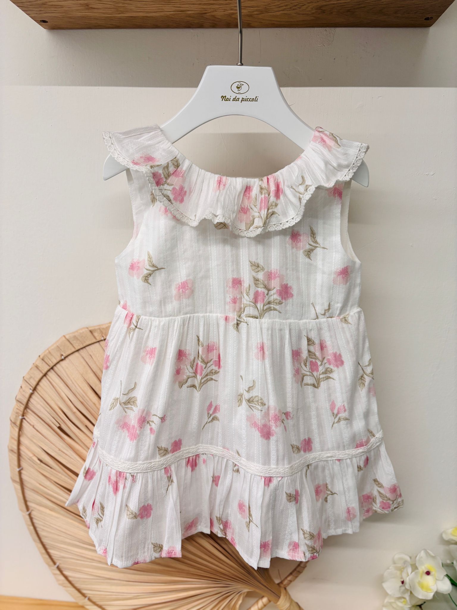 VESTINA IN COTONE CON FIORELLINI BIANCO ROSA - Noi da piccoli