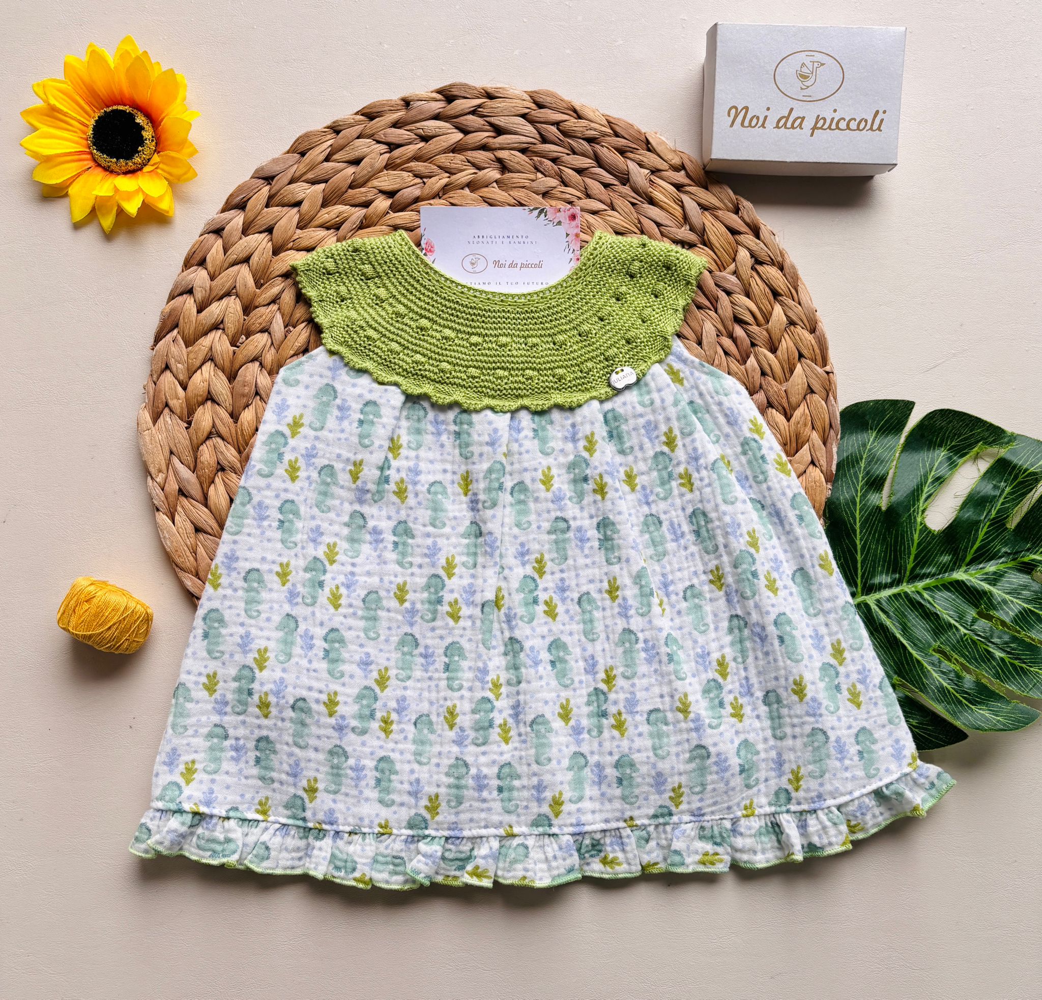 VESTINA IN COTONE CON PARTE SUPERIORE RICAMATA E ANIMALINI VERDE - Noi da piccoli