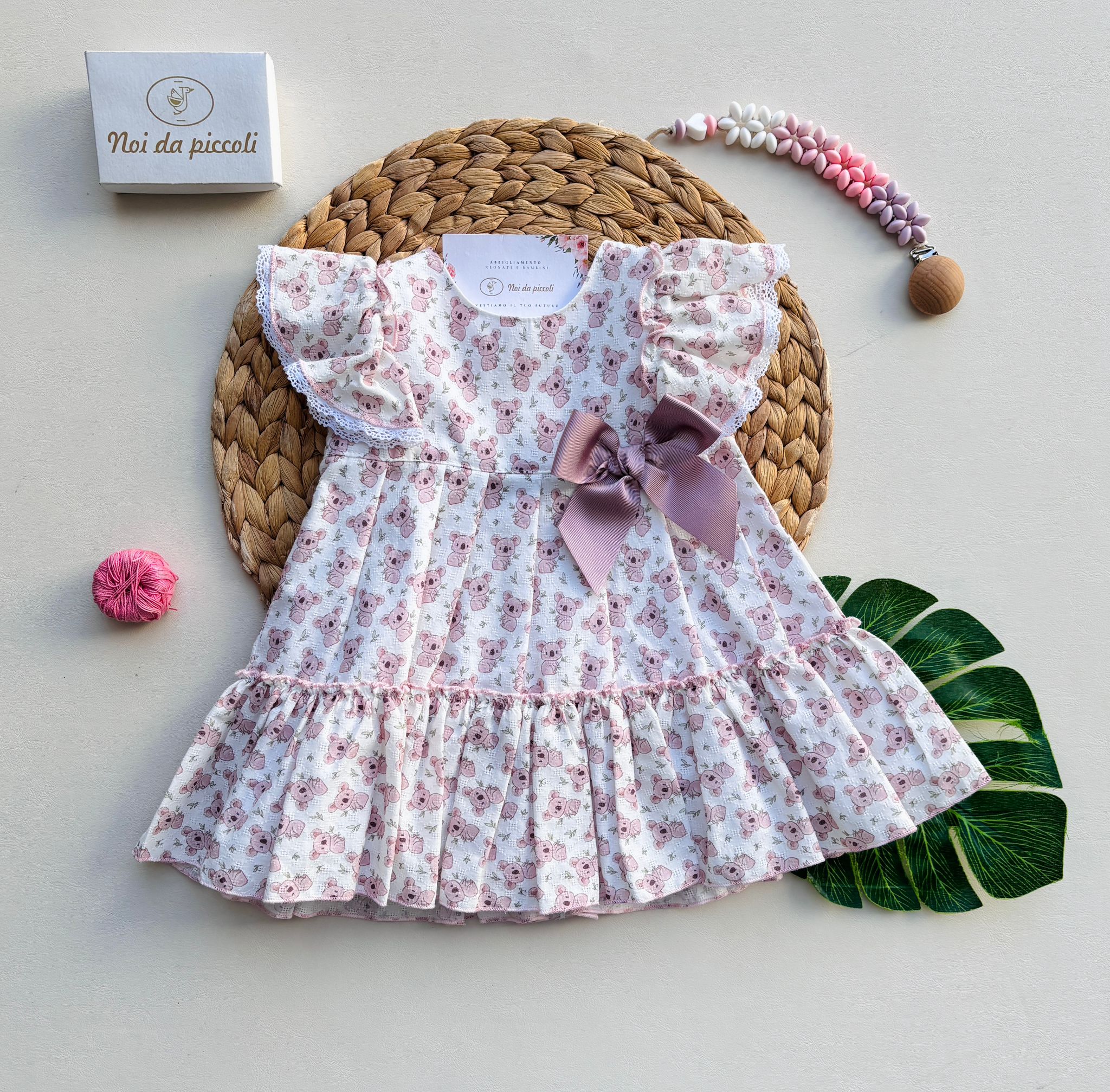 VESTINA IN COTONE CON PICCOLI KOALA E FIOCCO ROSA - Noi da piccoli