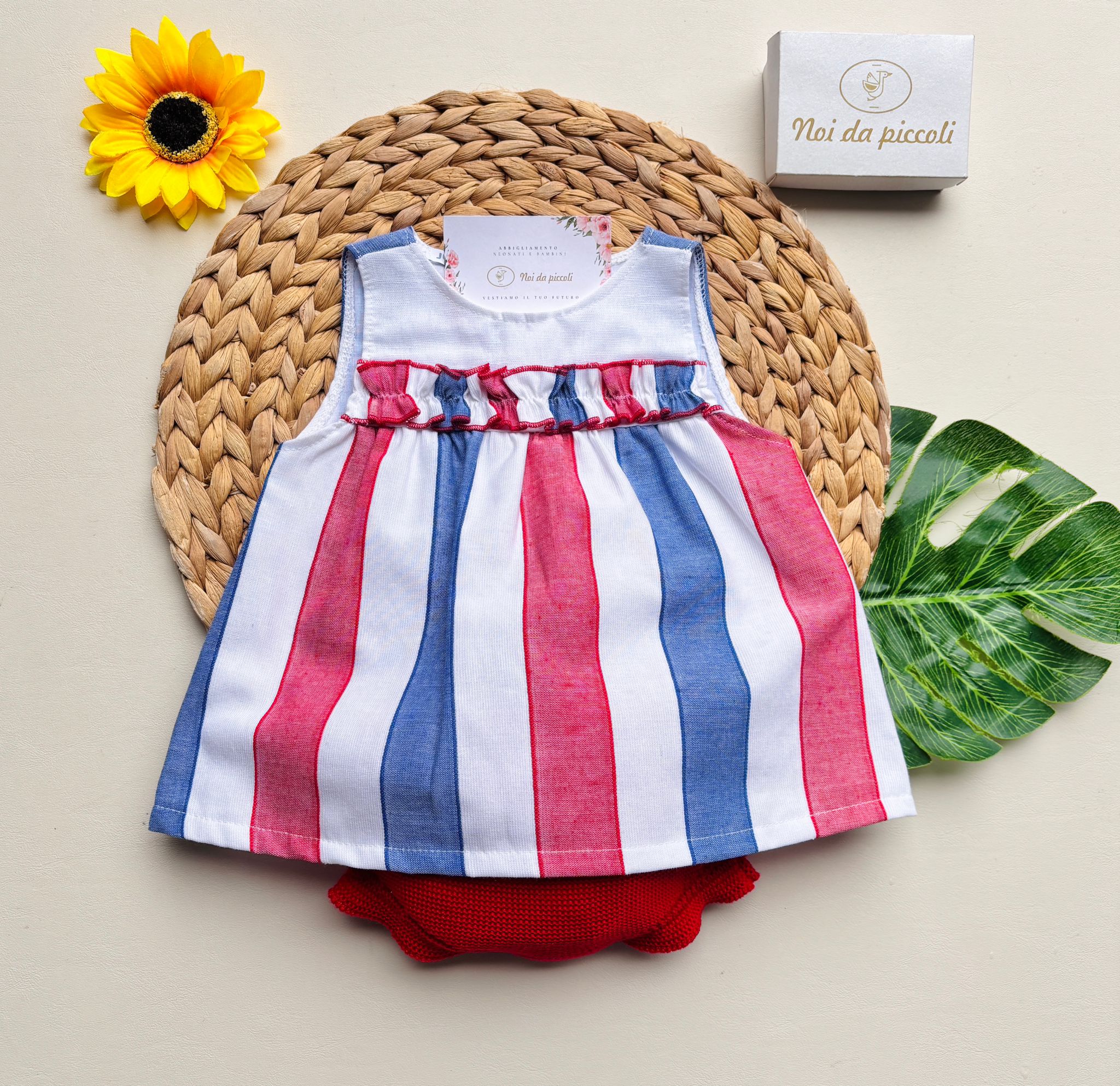 VESTINA IN COTONE E LINO A RIGHE CON CULOTTINA rojo - Noi da piccoli