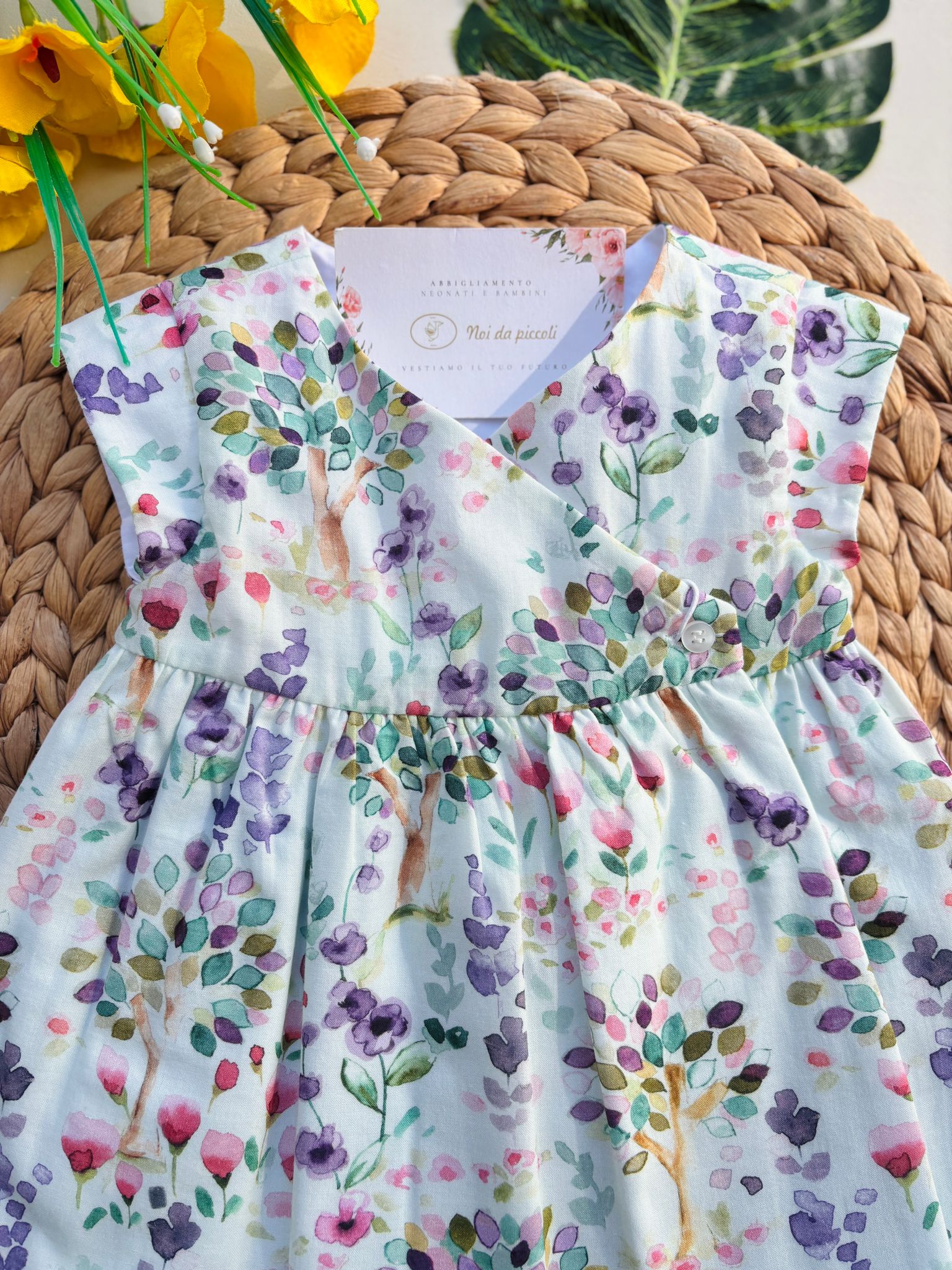 VESTINA IN COTONE FLOREALE VERDE ACQUA - Noi da piccoli