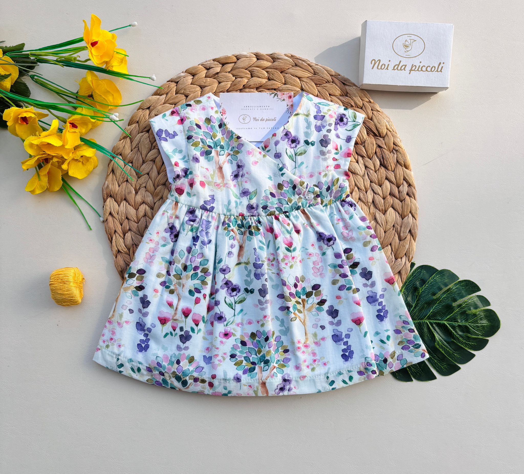 VESTINA IN COTONE FLOREALE VERDE ACQUA - Noi da piccoli