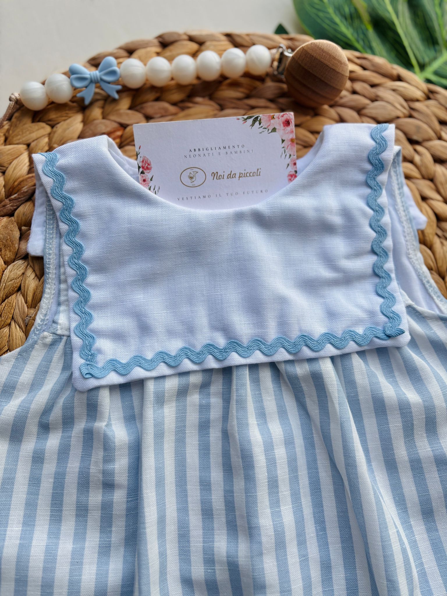 VESTINA IN COTONE RIGATA E COLLETTO LUNGO Bianco Cielo - Noi da piccoli