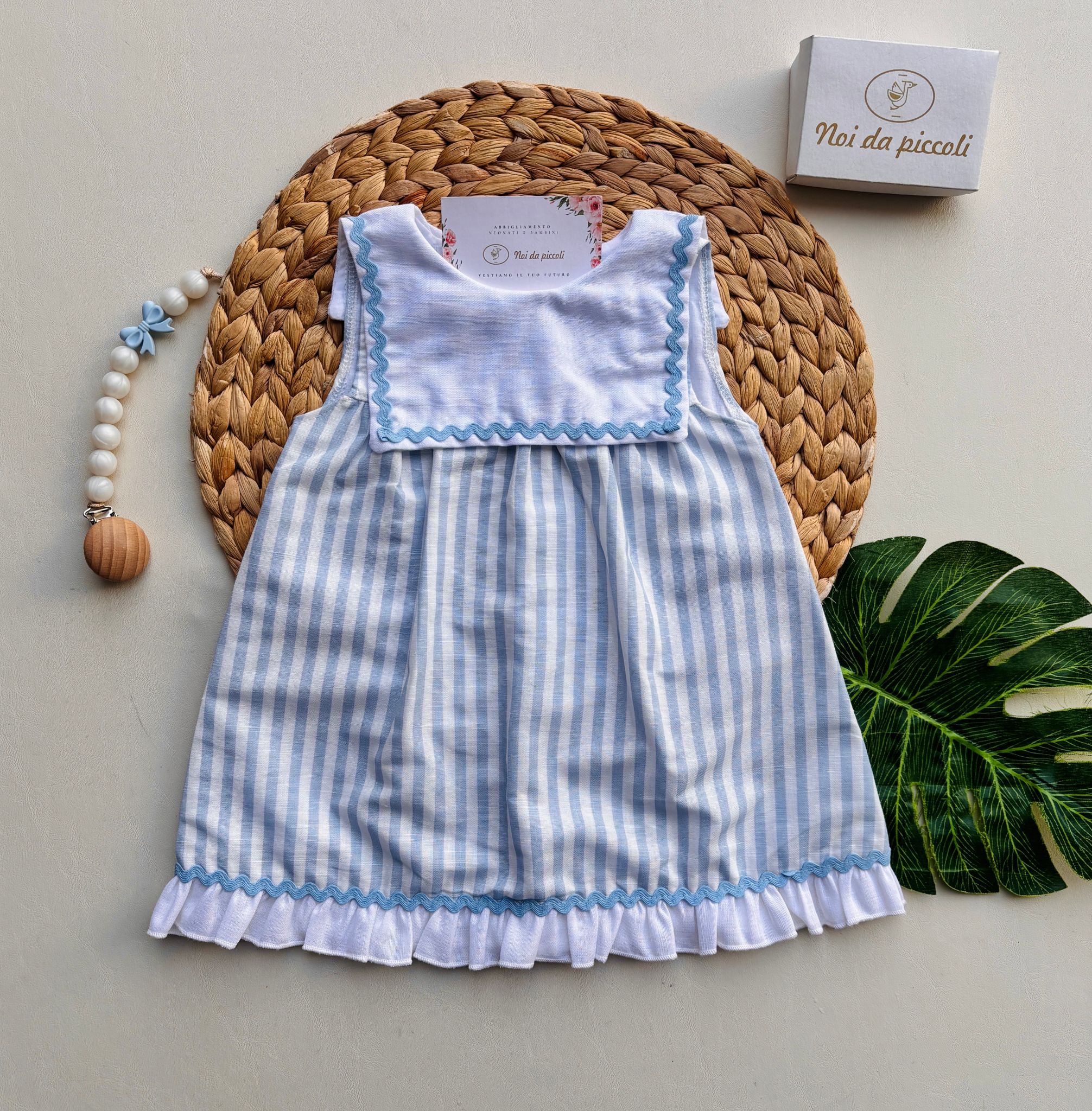 VESTINA IN COTONE RIGATA E COLLETTO LUNGO Bianco Cielo - Noi da piccoli