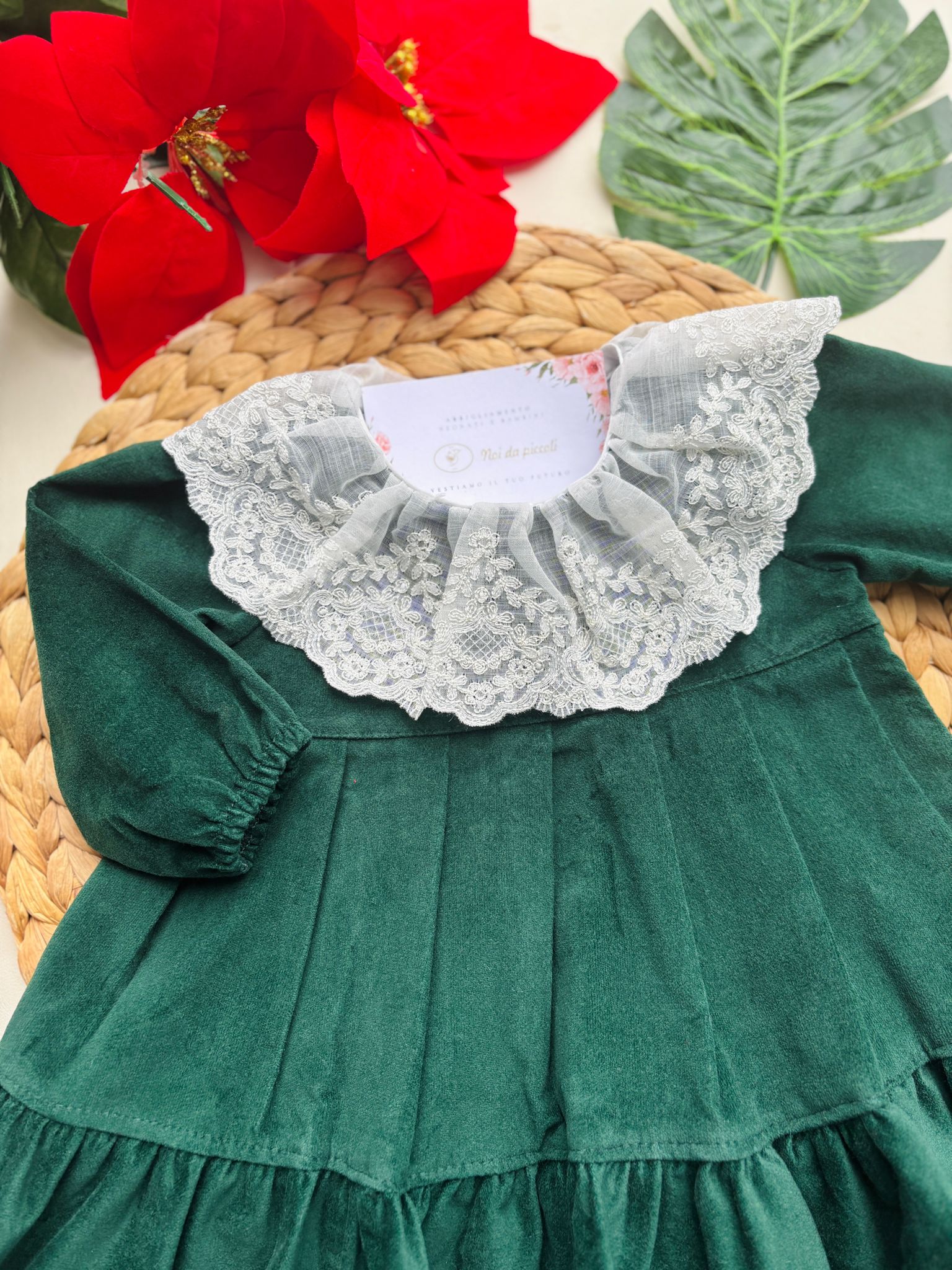 VESTINA IN VELLUTO CON COLLETTO SMERLATO VERDE BOTTIGLIA - Noi da piccoli