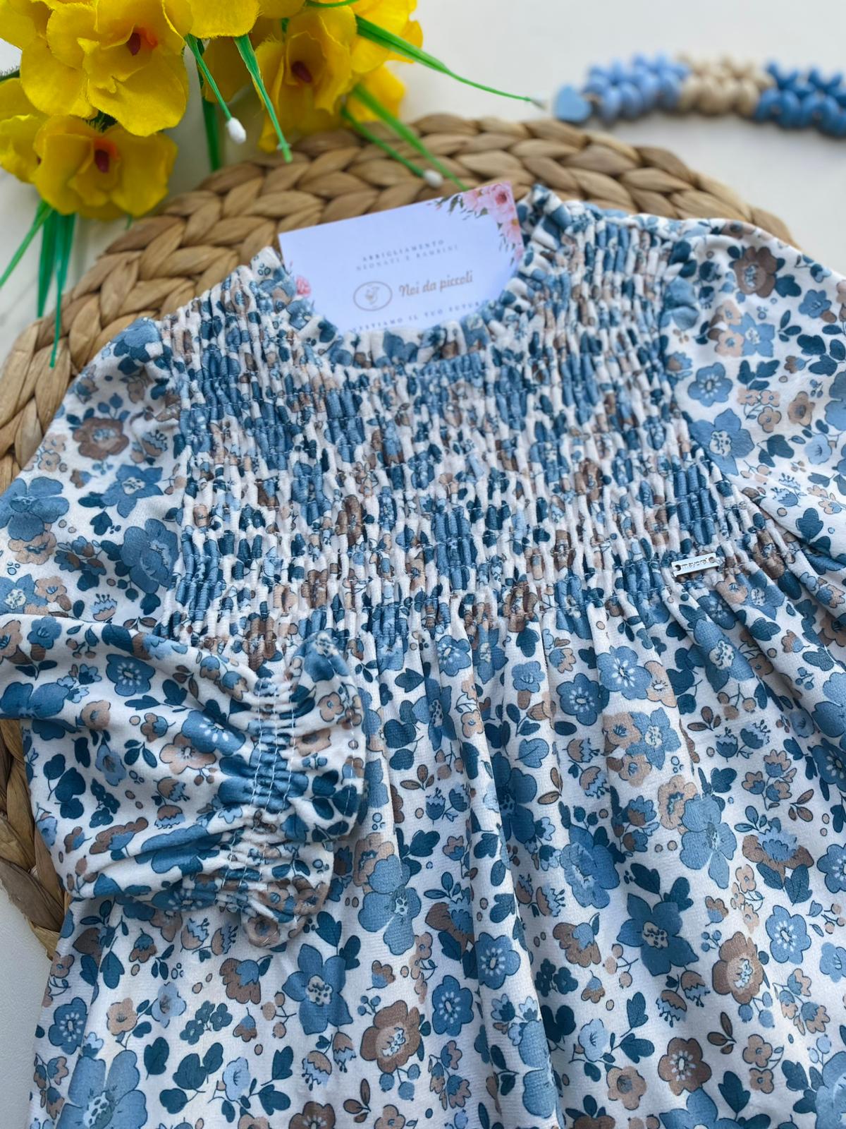 VESTINA IN VELLUTO RASATO CON FIORELLINI CIELO - Noi da piccoli