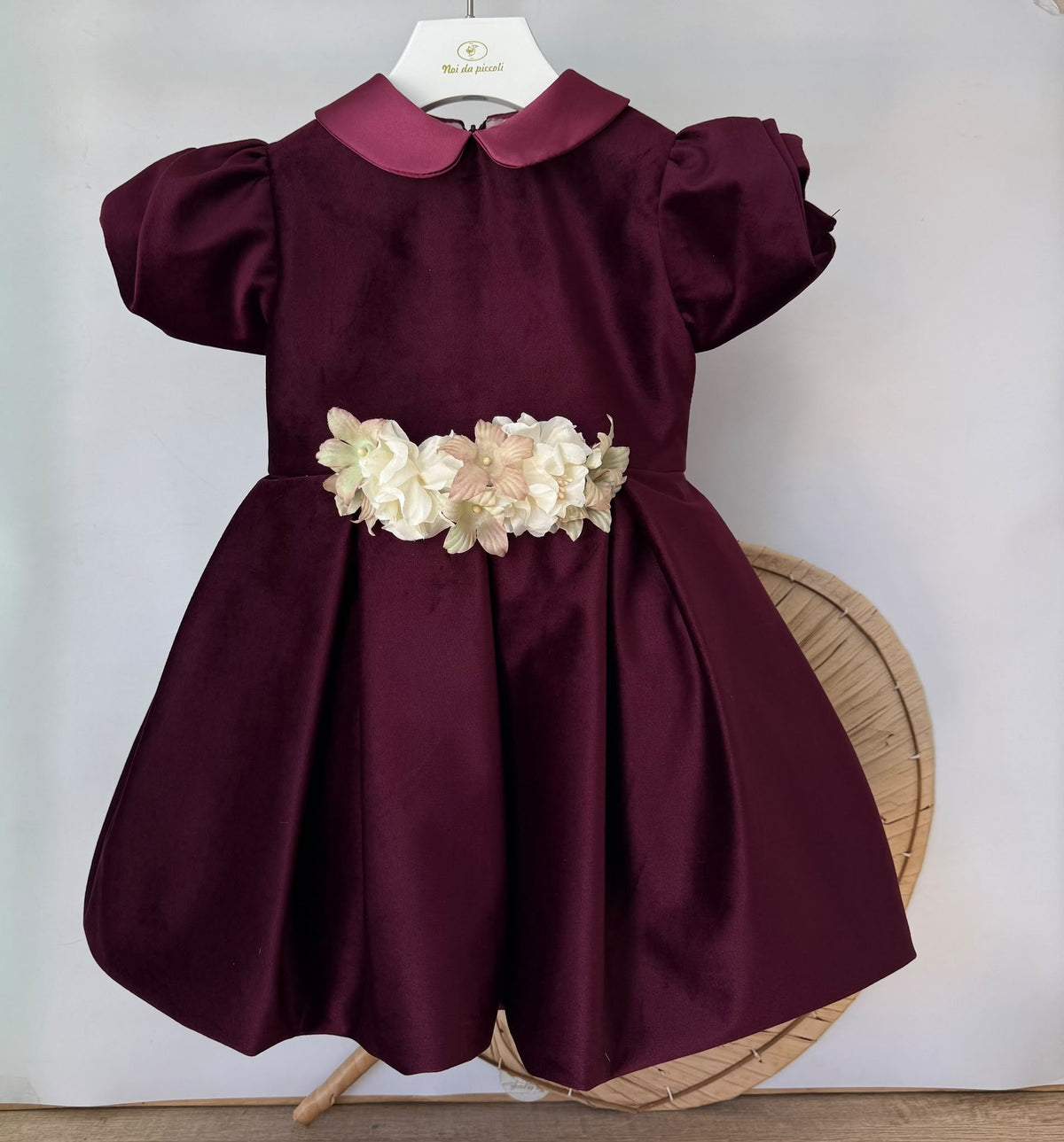 vestito Cerimoniale Velluto con Fiori BORGOGNA - Noi da piccoli