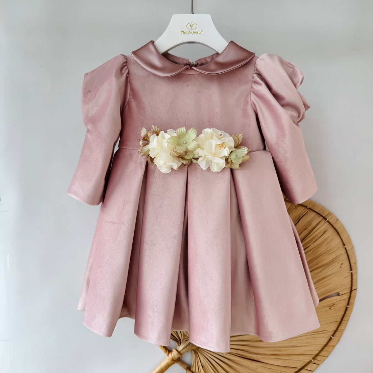 Vestito Cerimoniale Velluto con Fiori Rosa Isabel - Noi da piccoli